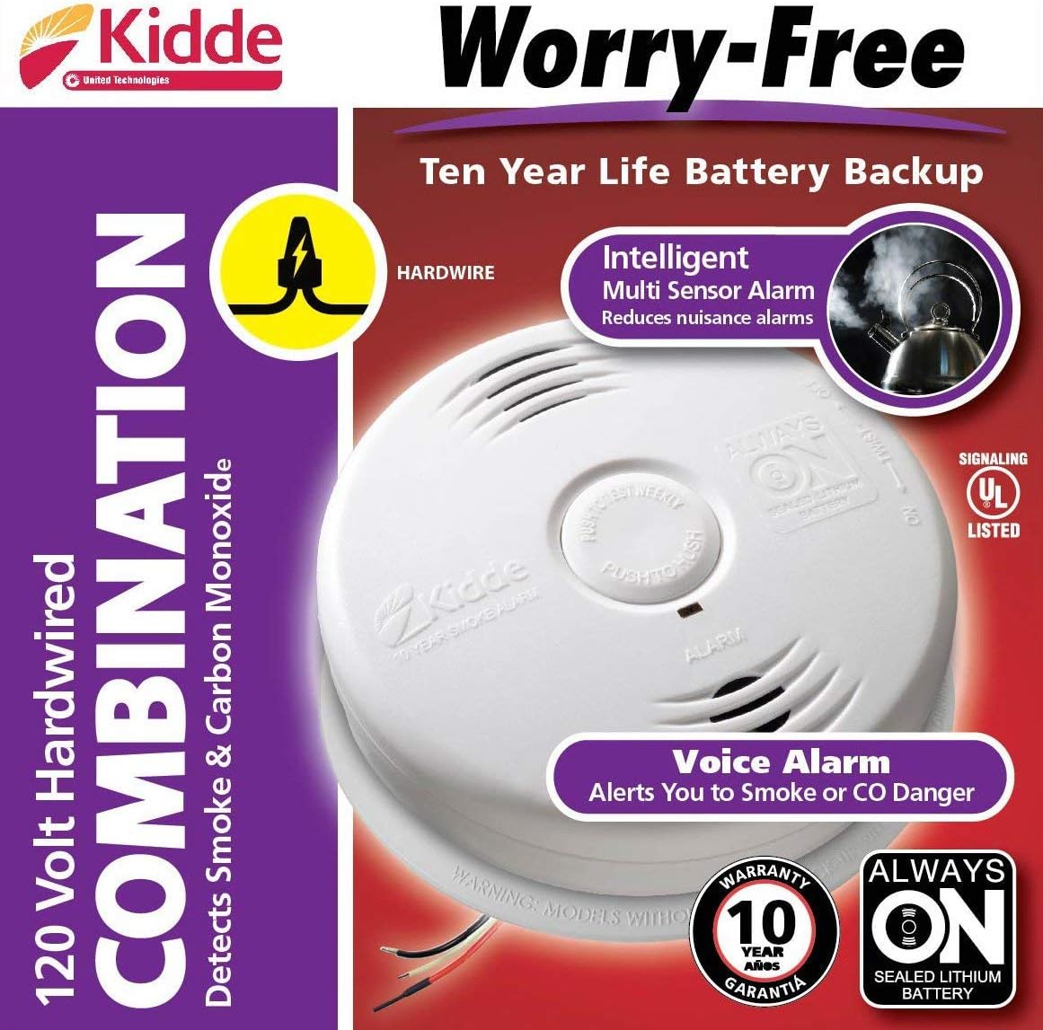 Kidde Smoke and Carbon Monoxide Detector Alarm with Voice Warning | Hardwired w/10 Year Lithium Battery Backup | Interconnectable | Model # i12010SCO