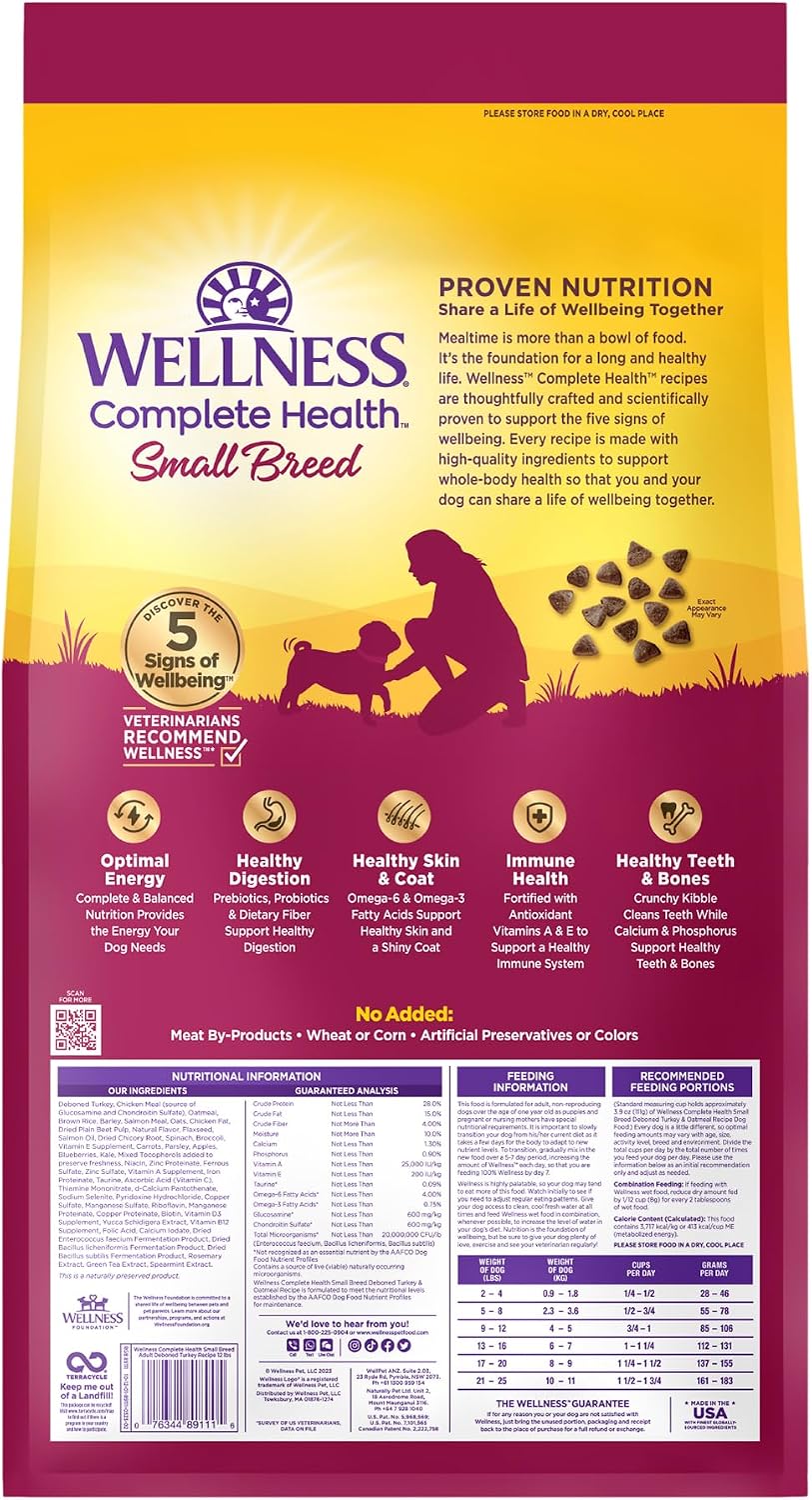 Wellness Complete Health Small Breed Adult Dry Dog Food, Wholesome Grain Kibble, Natural, Turkey and Oatmeal Recipe, 4 lb Bag