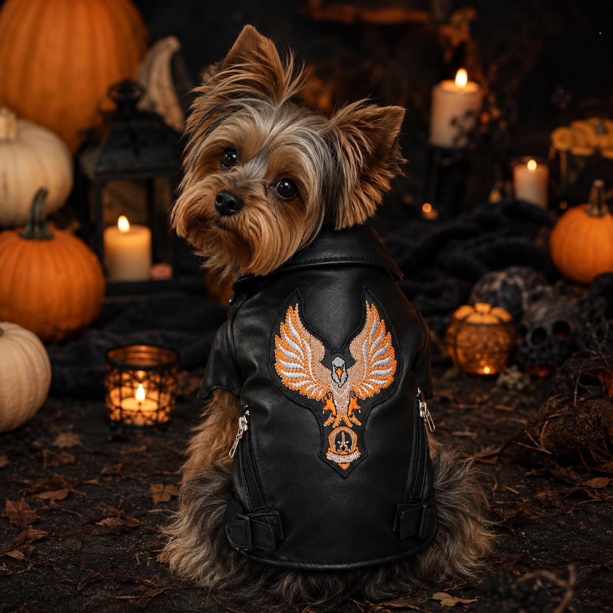 Lovelonglong Cool Dog Leather Jacket, Warm Coats Dogs Windproof Cold Weather Coats for Large Medium Small Dogs with Eagle Embroidery Black XS
