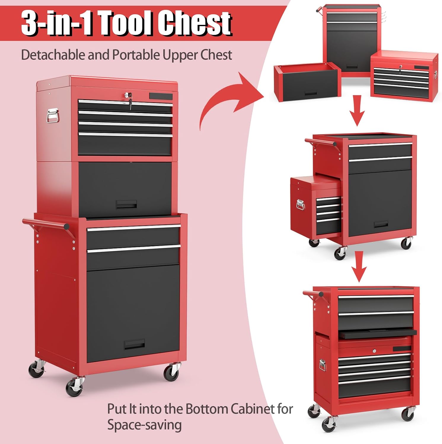 Goplus Rolling Tool Chest, 5-Drawer Tool Box Organizer w/Lockable Wheels & Sliding Drawers & Detachable Top & Adjustable Shelf, Tool Storage Cabinet for Garage Workshop (Red)