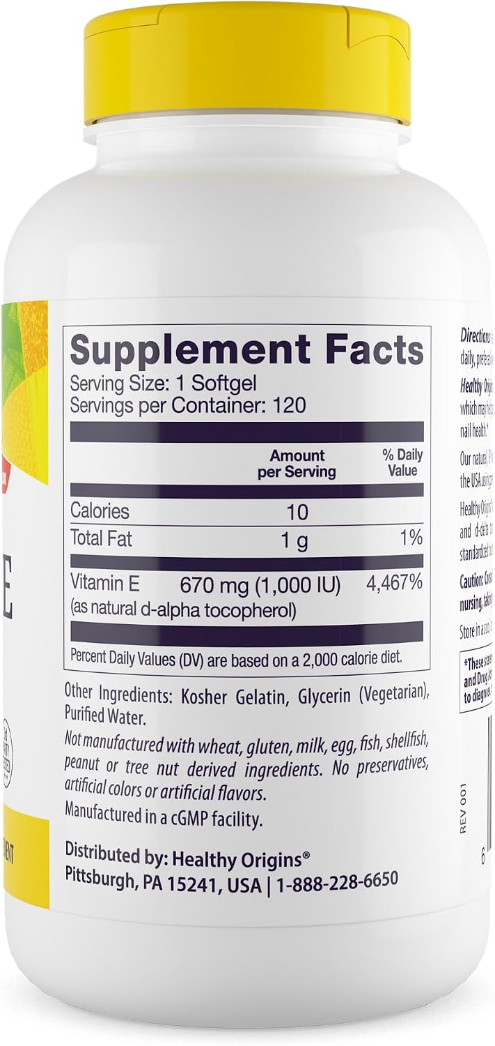 Healthy Origins Vitamin E 1,000 IU, Natural Mixed Tocopherols, 120 softgels