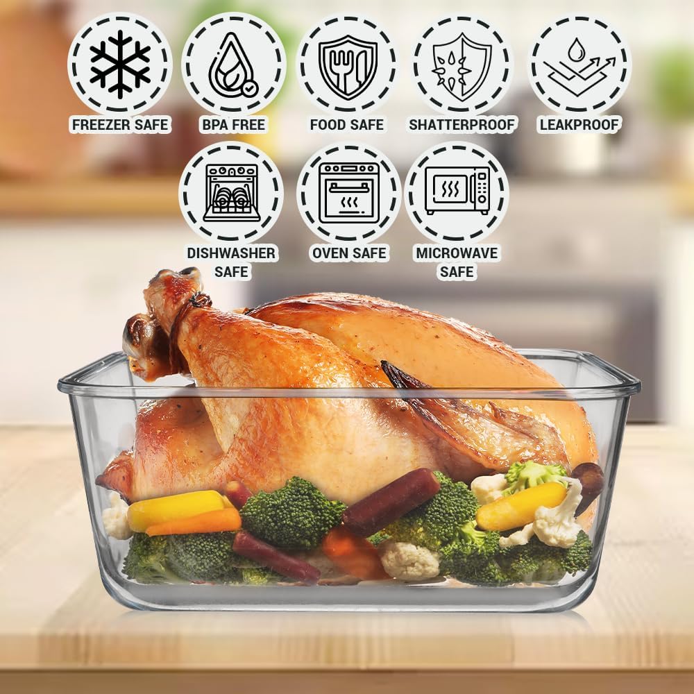 Razab 3300 ml / 112 oz Large Glass Food Storage Containers with Lids, Airtight, Leakproof, BPA Free - Ideal for Meal Prep, Store Leftover & Lunch, Baking Casserole - Freezer, Microwave & Oven Safe