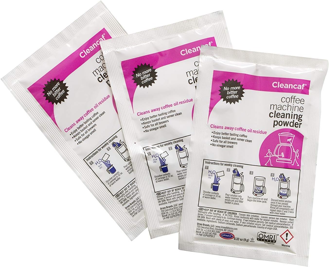 Urnex Coffee Maker and Espresso Machine Cleaner Cleancaf Powder - 3 Packets - Safe On Keurig Delonghi Nespresso Ninja Hamilton Beach Mr Coffee Braun