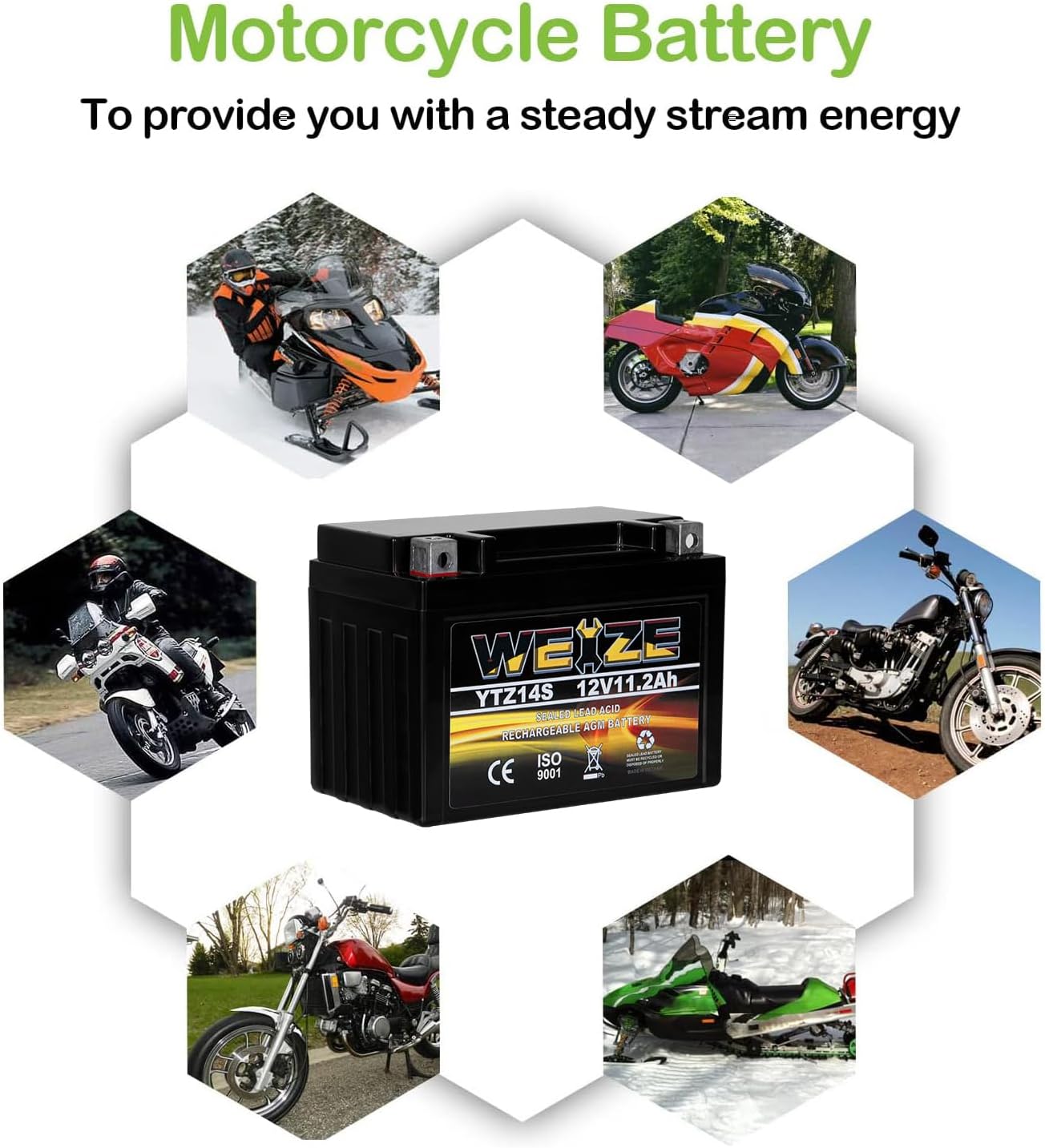 Weize YTX14 BS ATV Battery High Performance - Maintenance Free - Sealed AGM YTX14-BS Motorcycle Battery compatible with Honda Suzuki Kawasaki Yamaha scooter snowmobile