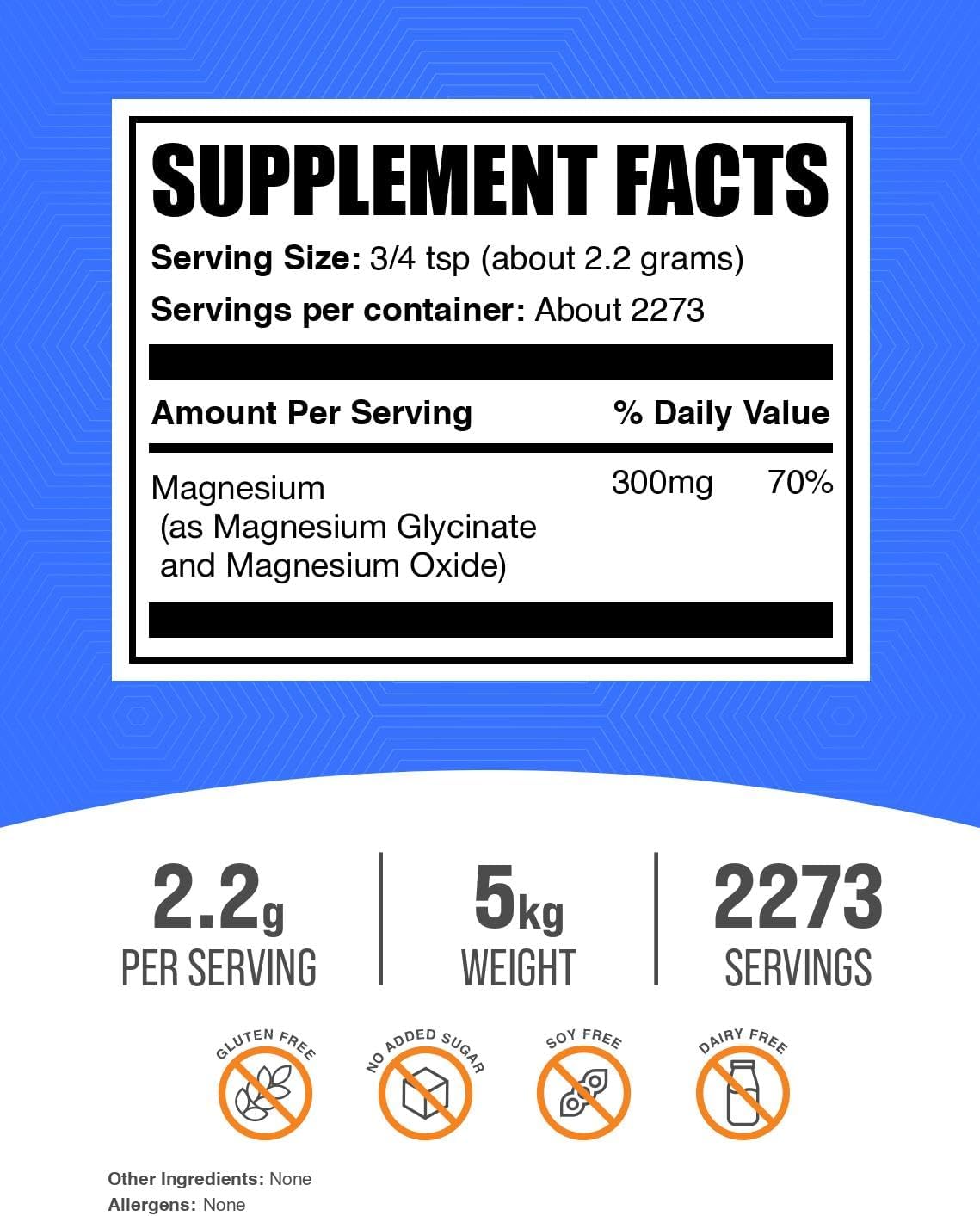 BulkSupplements.com Magnesium Glycinate Powder - Magnesium Glycinate 300mg, Highly Absorbable - Gluten Free, 2.2g per Serving, 500g (1.1 lbs) (Pack of 1)