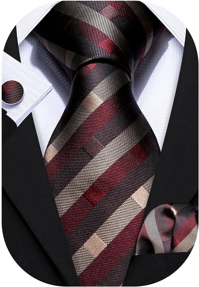Barry.Wang Plaid Ties for Men Silk Necktie Handkerchief Cuff Links Set