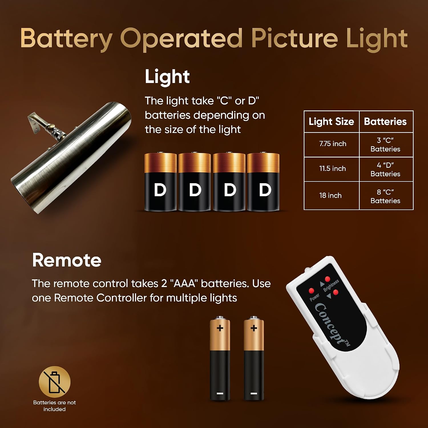 Concept Lighting 102L Cordless Remote Control LED Picture Light- 11 1/2 inch Antique Brass With Silver Undertones
