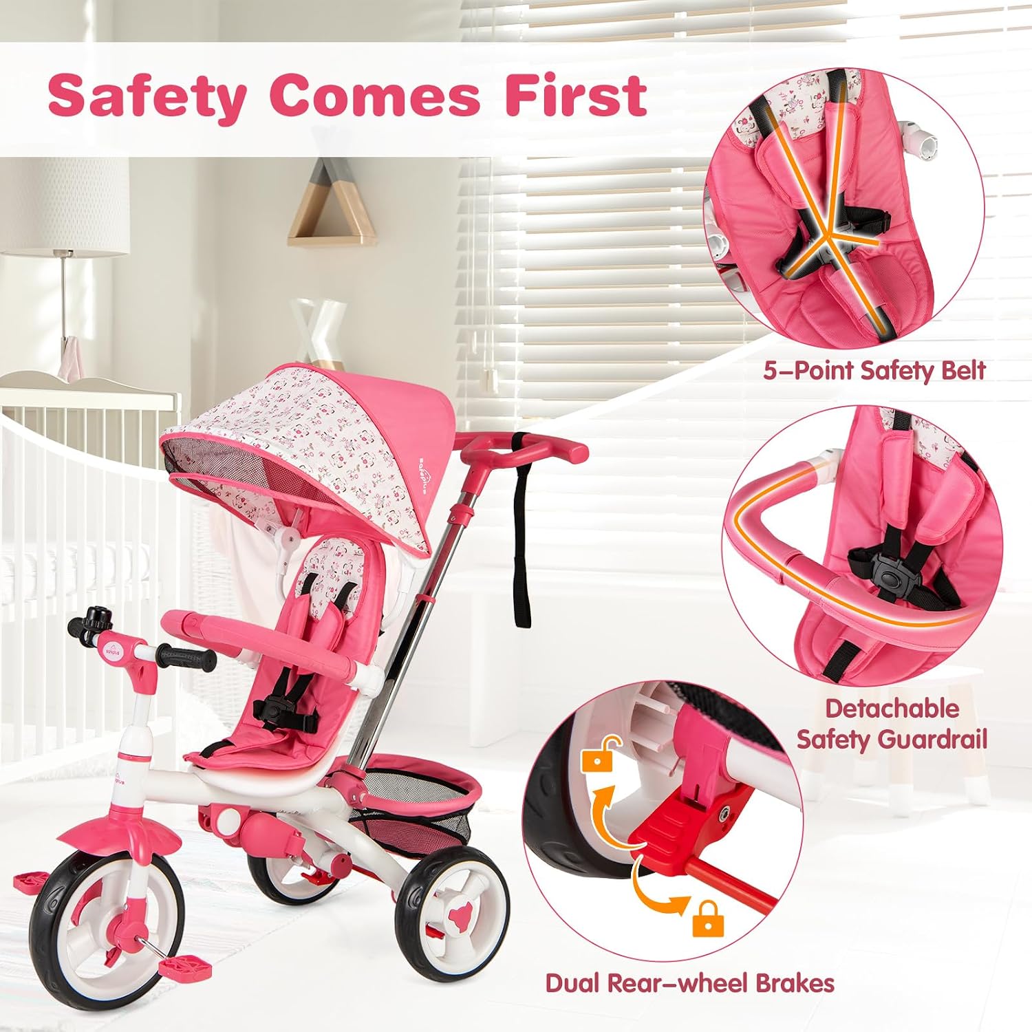 Costzon Tricycle for Toddlers, 6 in 1 Trike w/Parent Handle, Adjustable Canopy, Storage, Safety Harness & Wheel Brakes, Baby Push Tricycle Stroller for Kids Boys Girls Aged 9 Month-5 Years Old, Blue