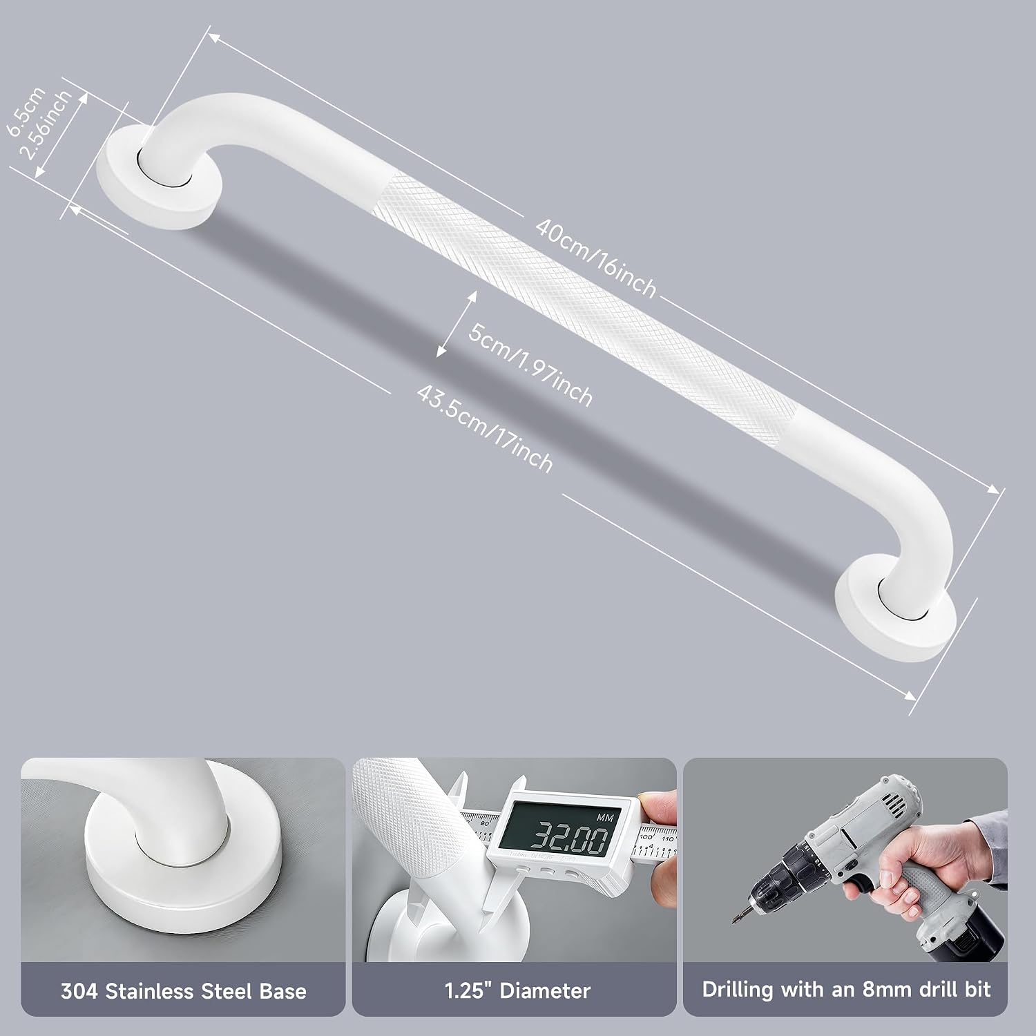 12 Inch Shower Grab Bar 1.25" Dia,Brushed Nickel Anti Slip Bathroom Grab Bar, 304 Stainless Steel Knurled Handicap Grab Bars, Safety Support Handrail,Bath Shower Handle for Elderly Injury Senior