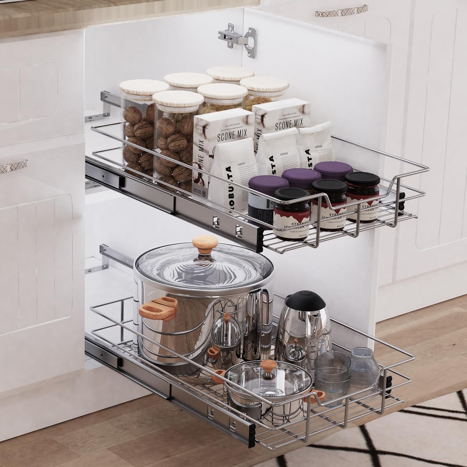 2 Tier Pull Out Cabinet Organizer 11" W X 22" D, Chromed, Full Slide Out