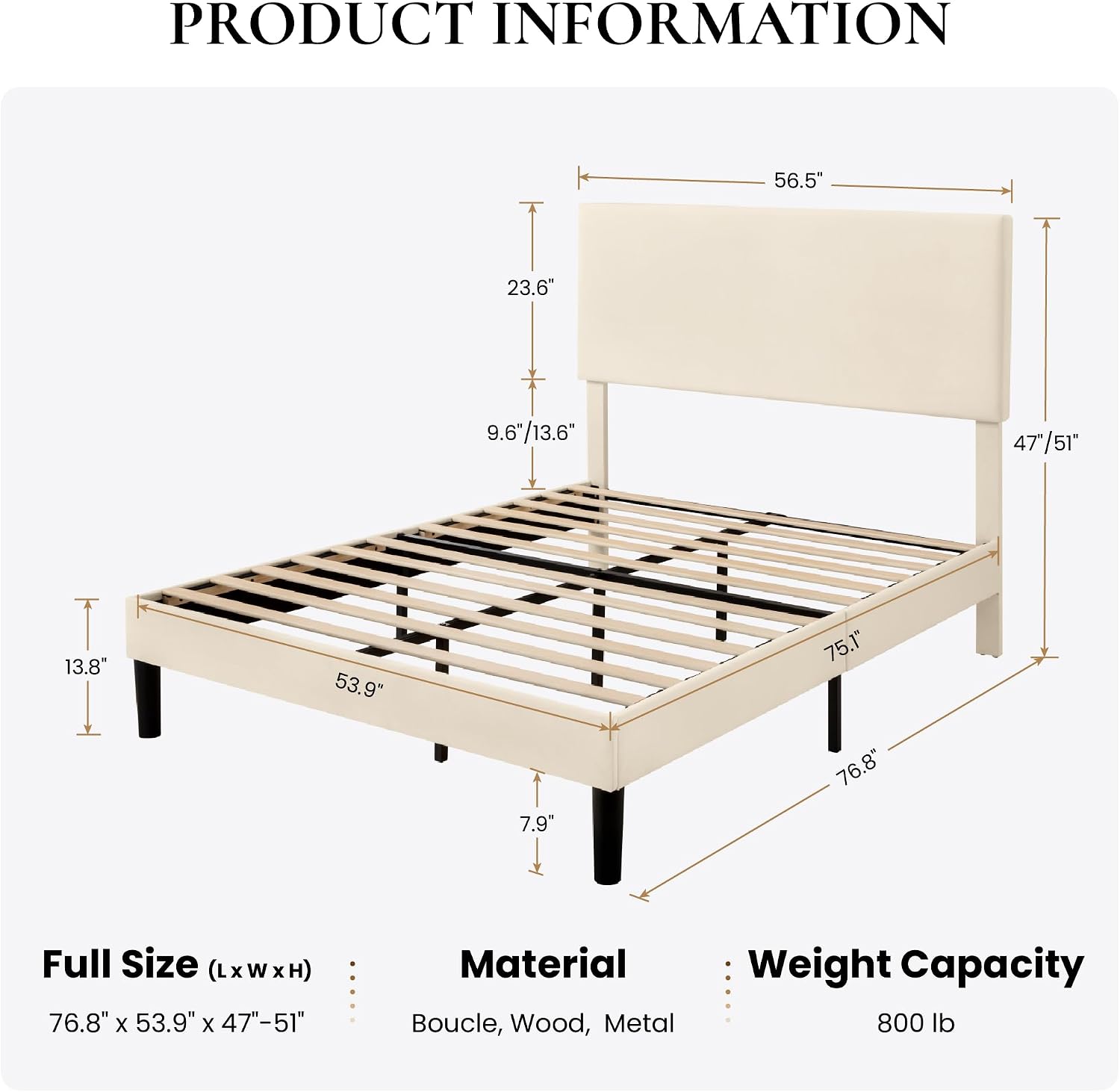 SHA CERLIN Boucle Upholstered Queen Size Bed Frame, White | Platform Bed with Adjustable Headboard, Wooden Slats Support, No Box Spring Needed, Noise-Free, Easy Assembly