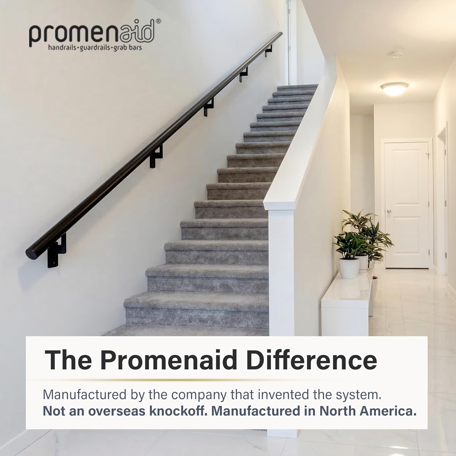 Promenaid Silver 3ft Flush Handrail Kit - Complete Indoor/Outdoor Stair Handrail - Modern 1.6" Round Satin-Anodized Aluminum Railing with 2 Silver