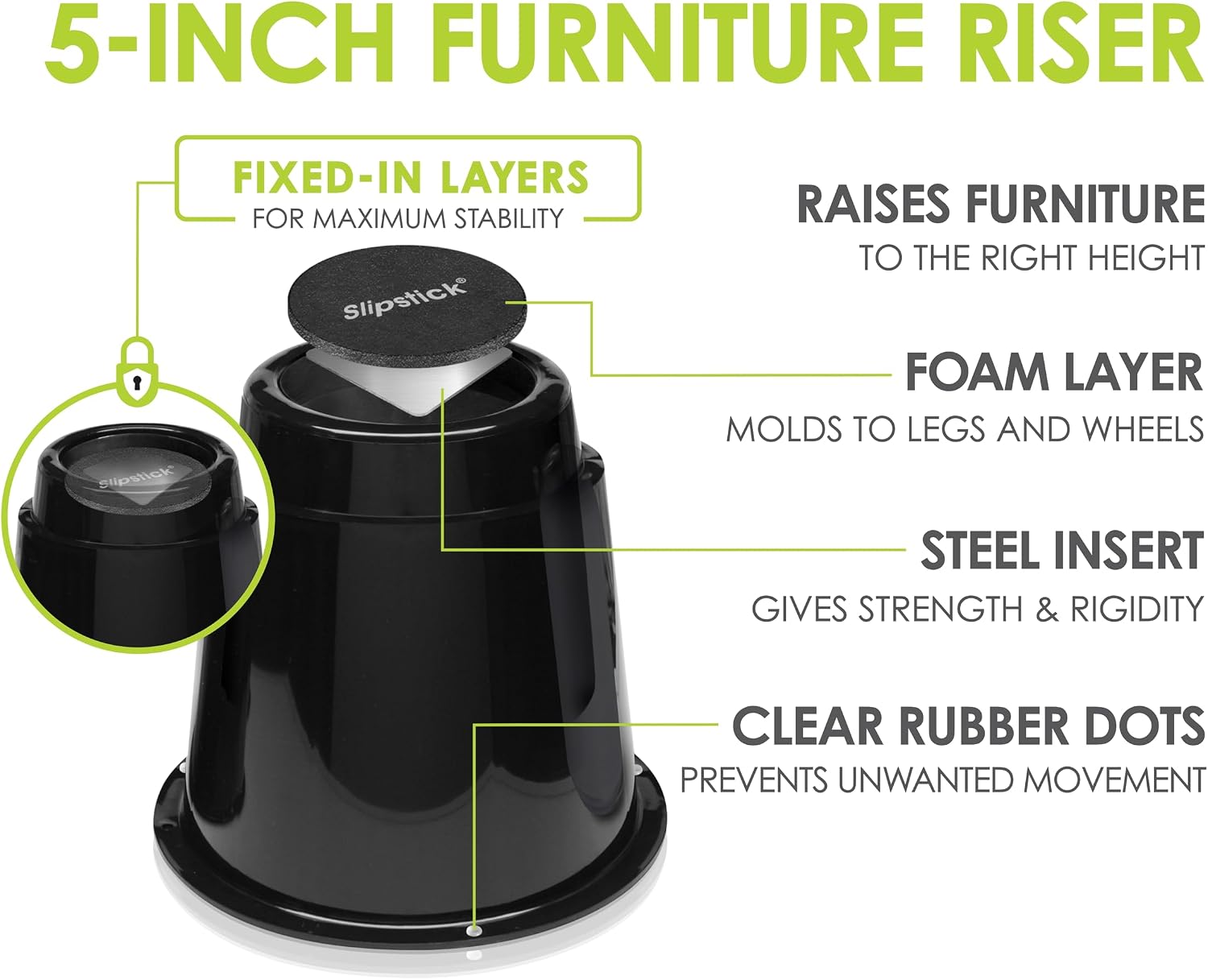 Slipstick CB672 Premium 3 Inch Bed Risers/Furniture Raisers with Steel Reinforced Caster Wheel Holder Top, Lifts Height 3" (4 Pack) Supports 2