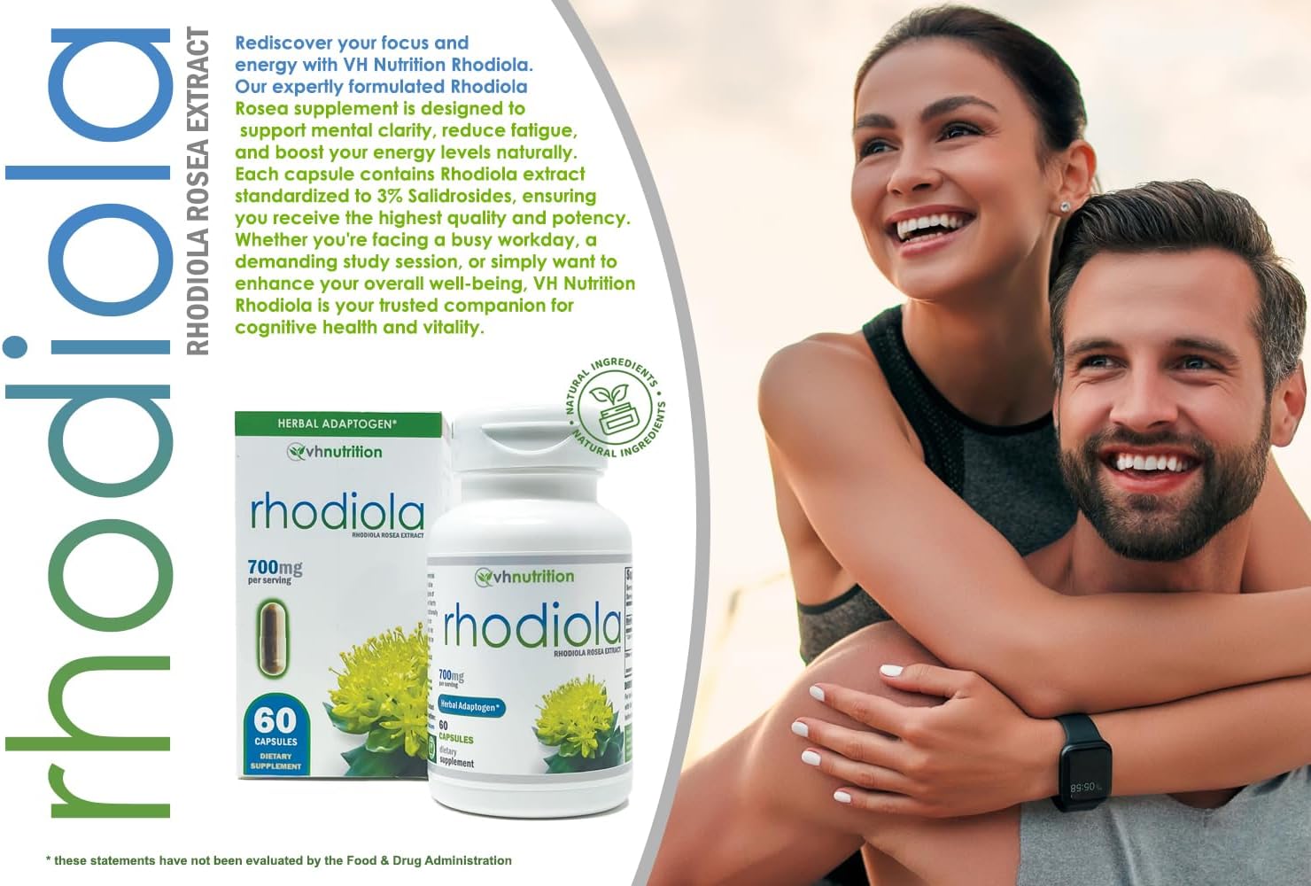 RHODIOLA | Rhodiola Rosea Supplement | 3% Salidrosides Standardized Extract | 60 Easy-to-Swallow Capsules