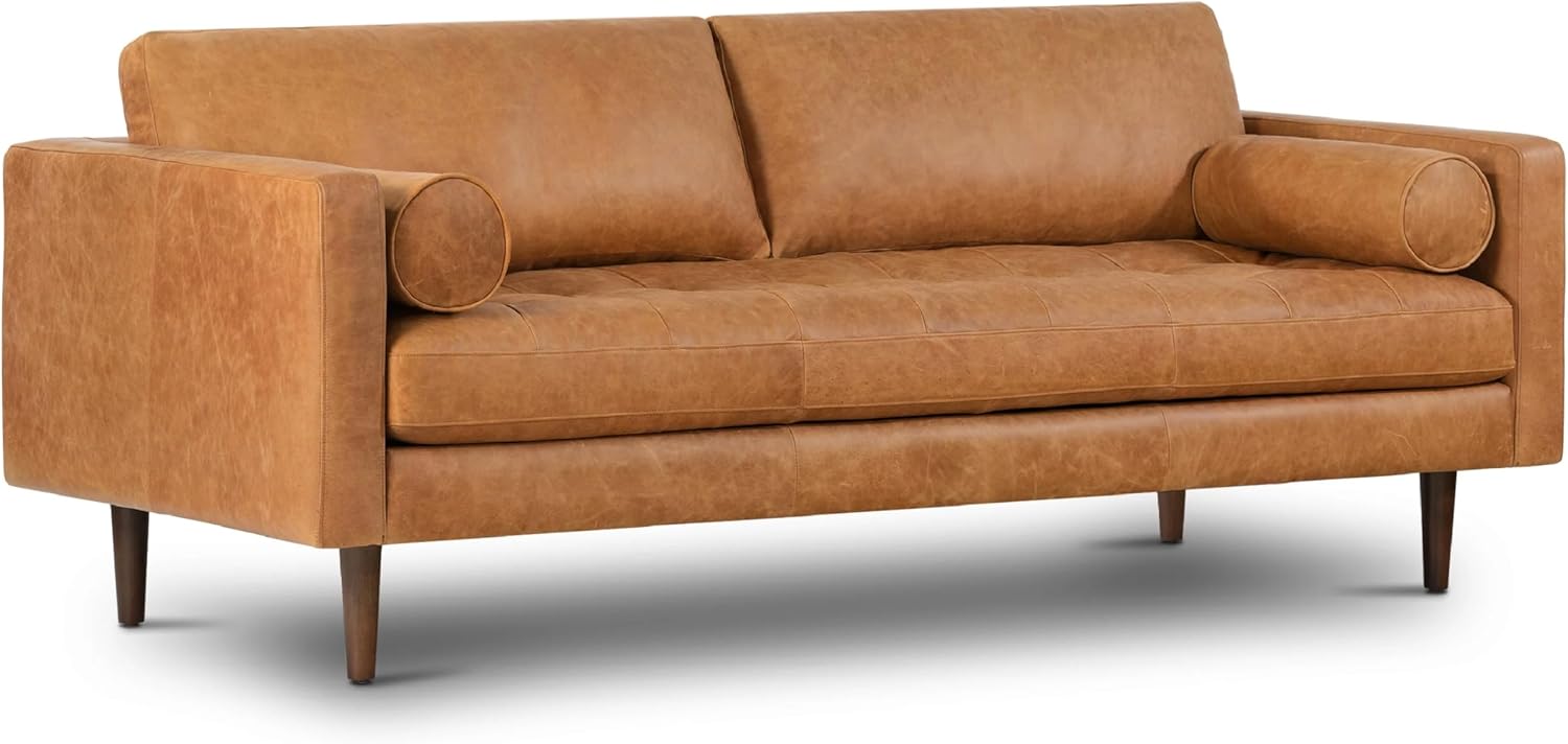 Poly & BARK 55" Tufted Leather Bed Bench for Bedroom End of Bed - Living Room Entry Way Bench - Pure Italian Leather Upholstery with a Solid Wood Frame - Ottoman Bench with Wooden Legs - Cognac Tan