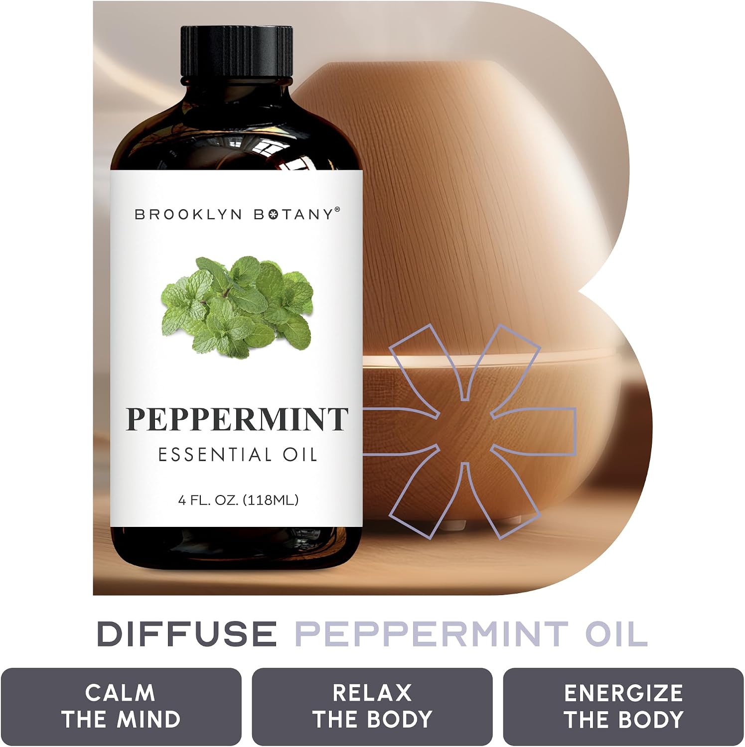 Brooklyn Botany Peppermint Essential Oil - Huge 4 Fl Oz - 100% Pure and Natural - Premium Grade with Dropper - for Aromatherapy and Diffuser