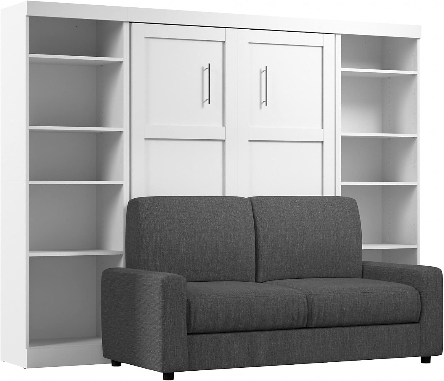 Bestar Pur Full Murphy Bed and 2 Shelving Units with Drawers, 109-inch Space-Saving Sleeping Arrangement in White | 2 Shelving Units with Drawers; supports up to 1000 lb; min. ceiling height 86.4 in.; dual piston mechanism; 10-year warranty