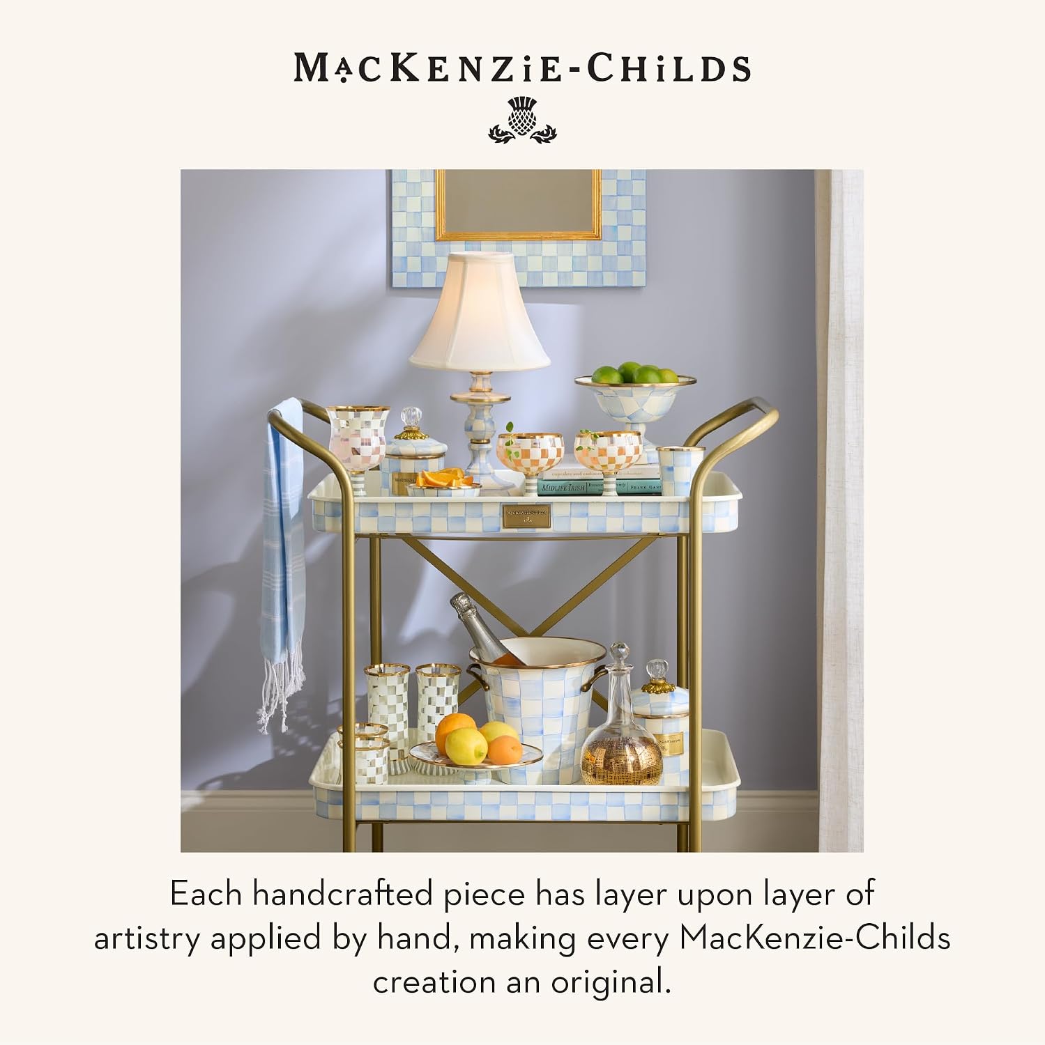 MACKENZIE-CHILDS Pedestal Platter, Mini, Black-and-White Courtly Check | Hand-painted design, made from enameled steel, stackable round cake stand for serving desserts, 8" dia. x 3" H