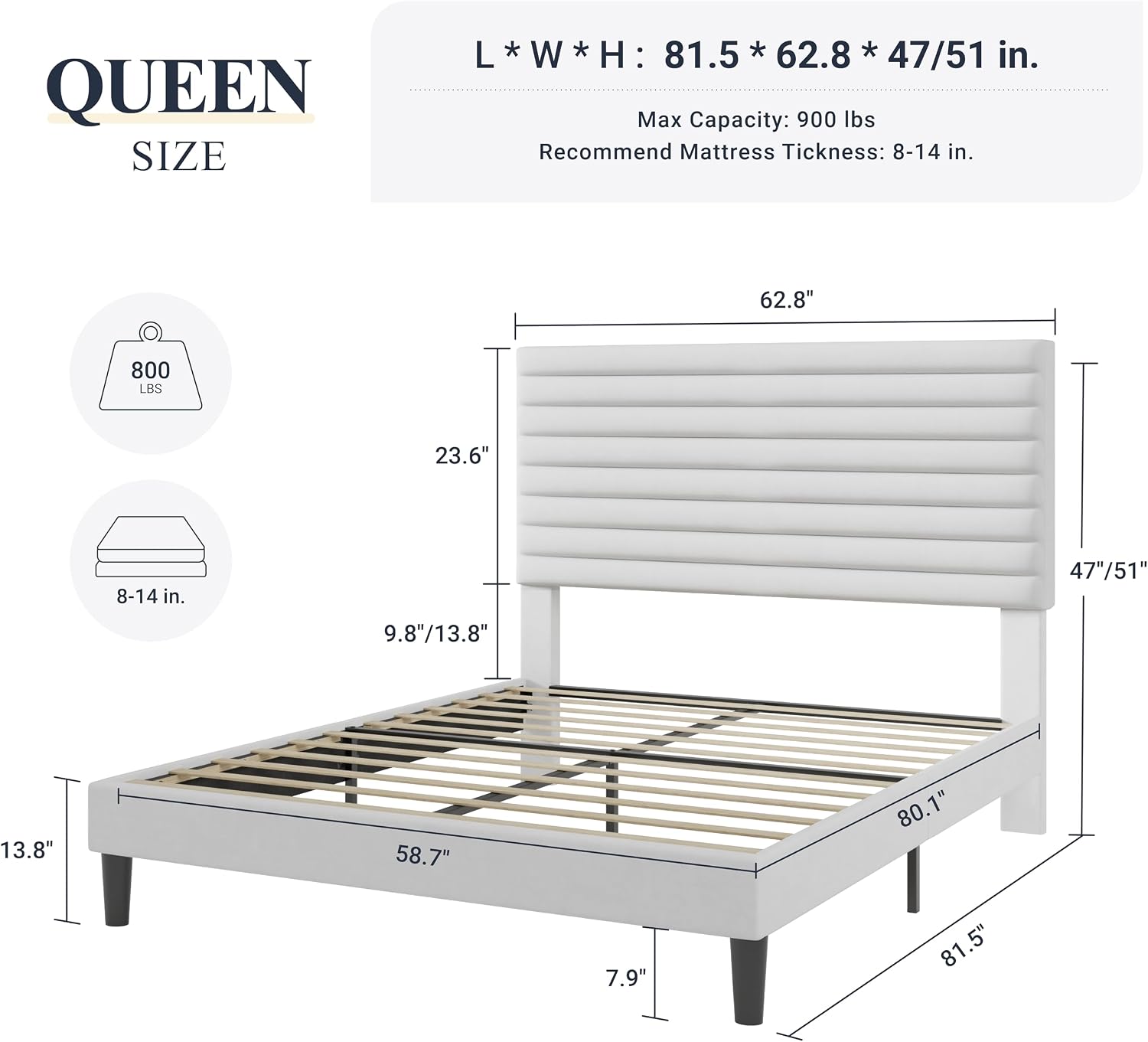 Allewie Queen Bed Frame, Velvet Upholstered Platform Bed with Adjustable Headboard, Horizontal Channel Design, Wood Slat Support, No Box Spring Needed, Noise Free, Easy Assembly, White