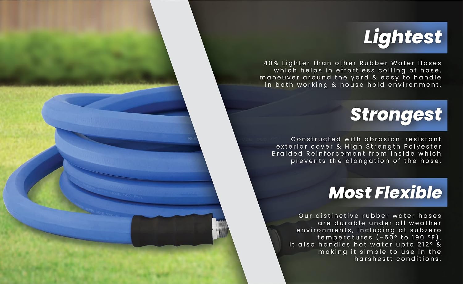 AG-LITE BSAL5825 5/8" x 25' Hot/Cold Water Rubber Garden Hose, 100% Rubber, Ultra-Light, Super Strong, 500 PSI, 50F to 190F Degrees, High Strength Polyester Braided