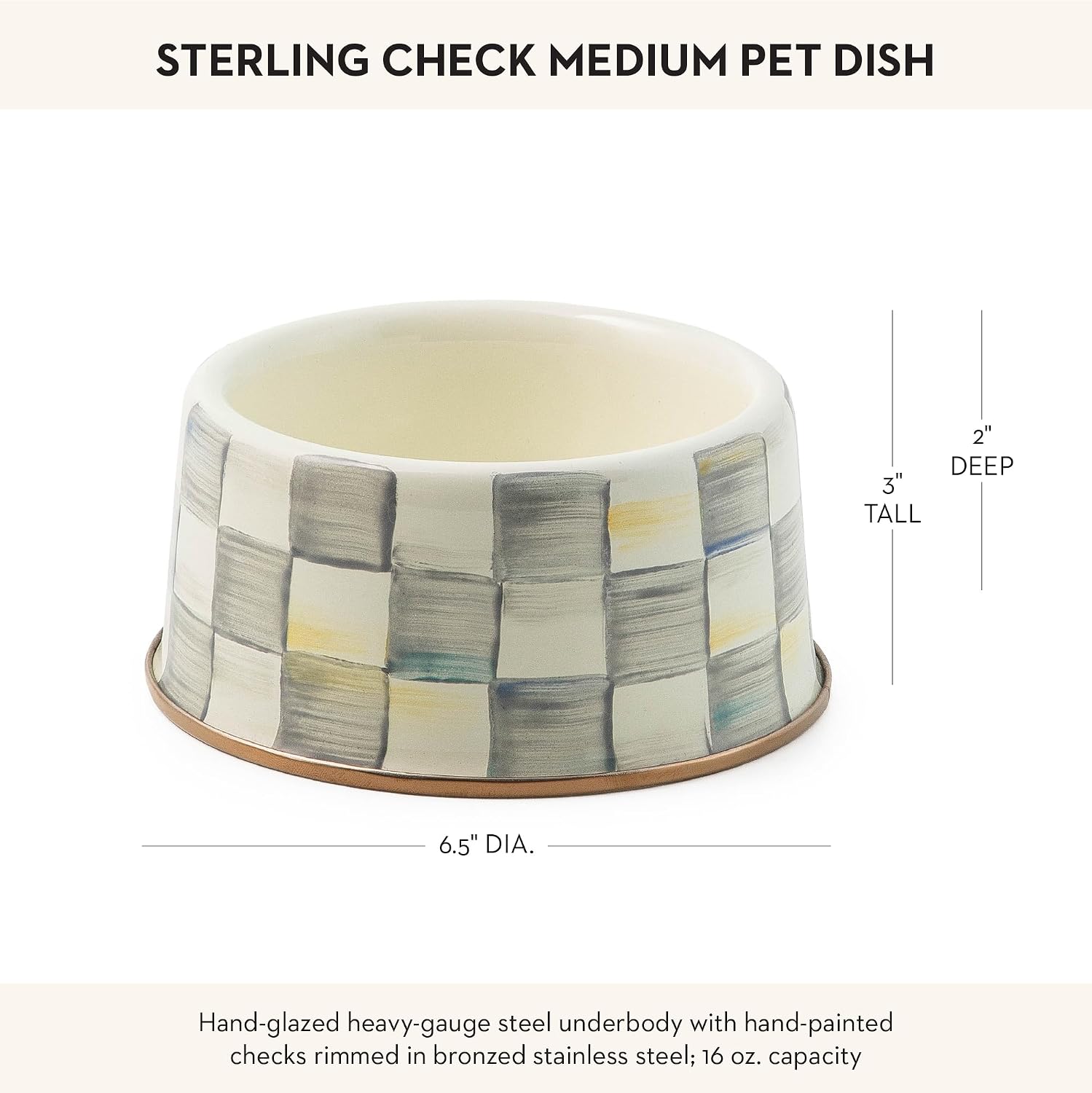 MACKENZIE-CHILDS Enamel Pet Dish, Large, Black-and-White Courtly Check | Decorative cat and dog bowl for food and water, 40-ounce capacity