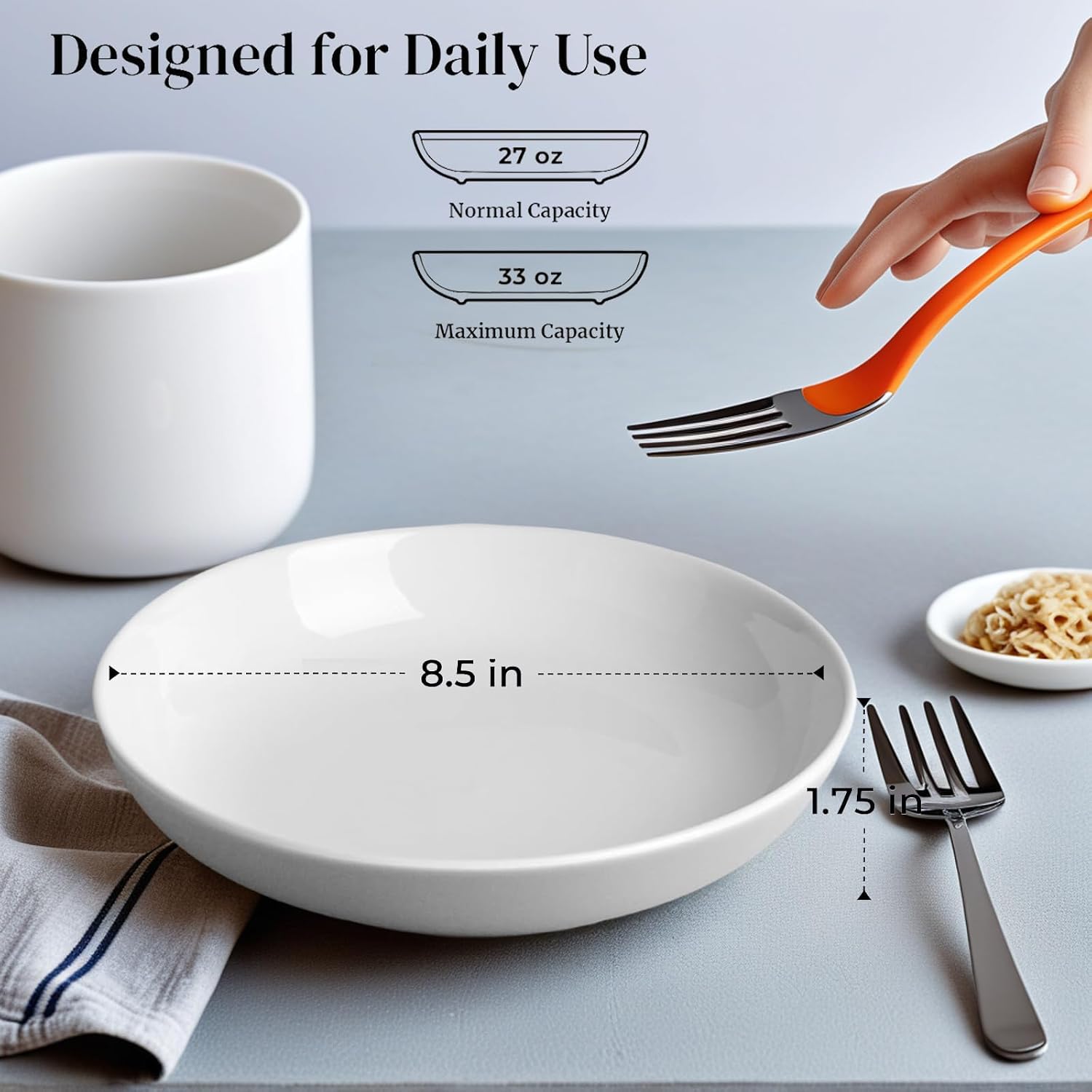 DeeCoo 7 Pack Porcelain Pasta Bowls Ceramic, Large Serving Bowl, Wide and Shallow, Set 8.3 Inch - 30 Ounce - for Pasta, Salad, Cereal