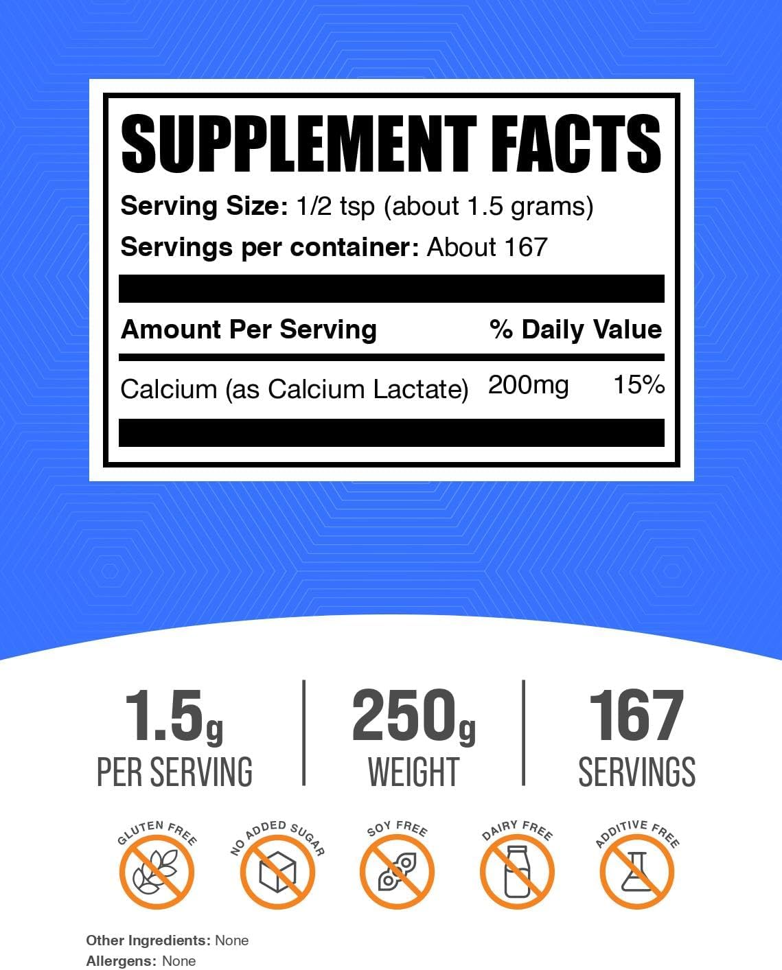 BulkSupplements.com Calcium Lactate Powder - Calcium Supplement Powder, Food Grade - Pure & Gluten Free, 1.5g per Serving, 500g (1.1 lbs) (Pack of 1)