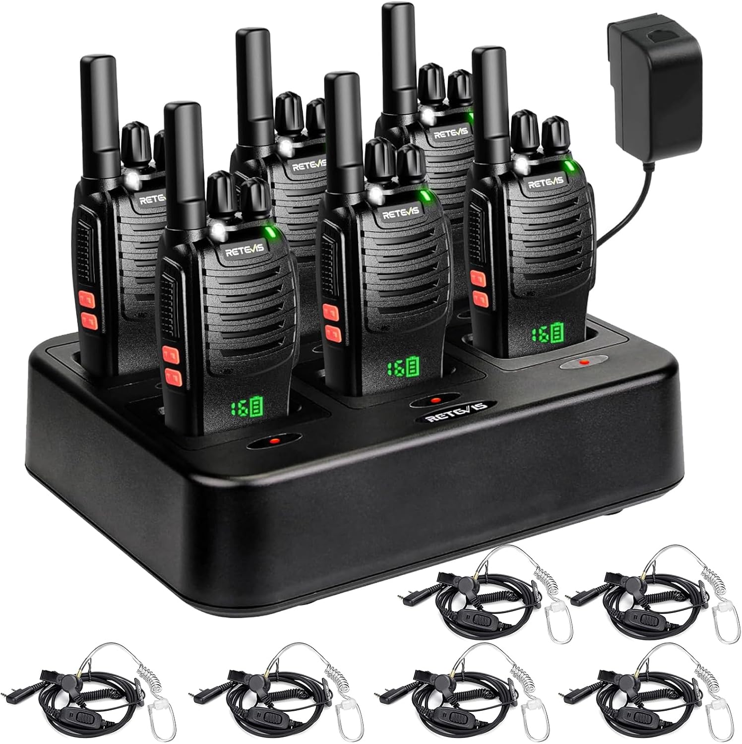 Retevis H777H Walkie Talkies with Earpeice,Portable FRS-Two Way Radio 6Pack | For Schools, Shatterproof Hidden Display, 6-Way Charger, USB-C, Emergency Alarm, Flashlight, with Stretchable Coiled Headset