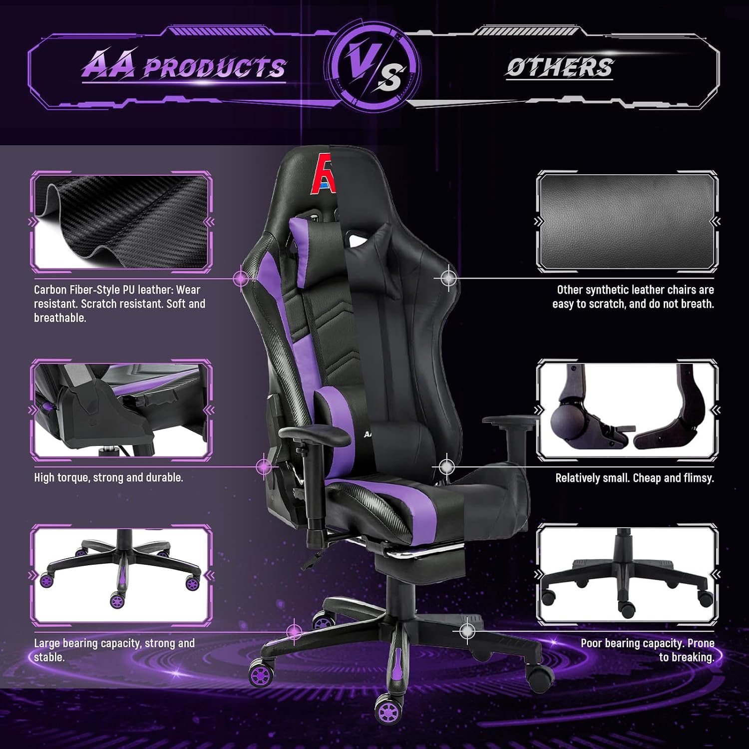 AA Products Gaming Chair Ergonomic High Back Computer Racing Chair Adjustable Office Chair with Footrest, Lumbar Support Swivel Chair - Black