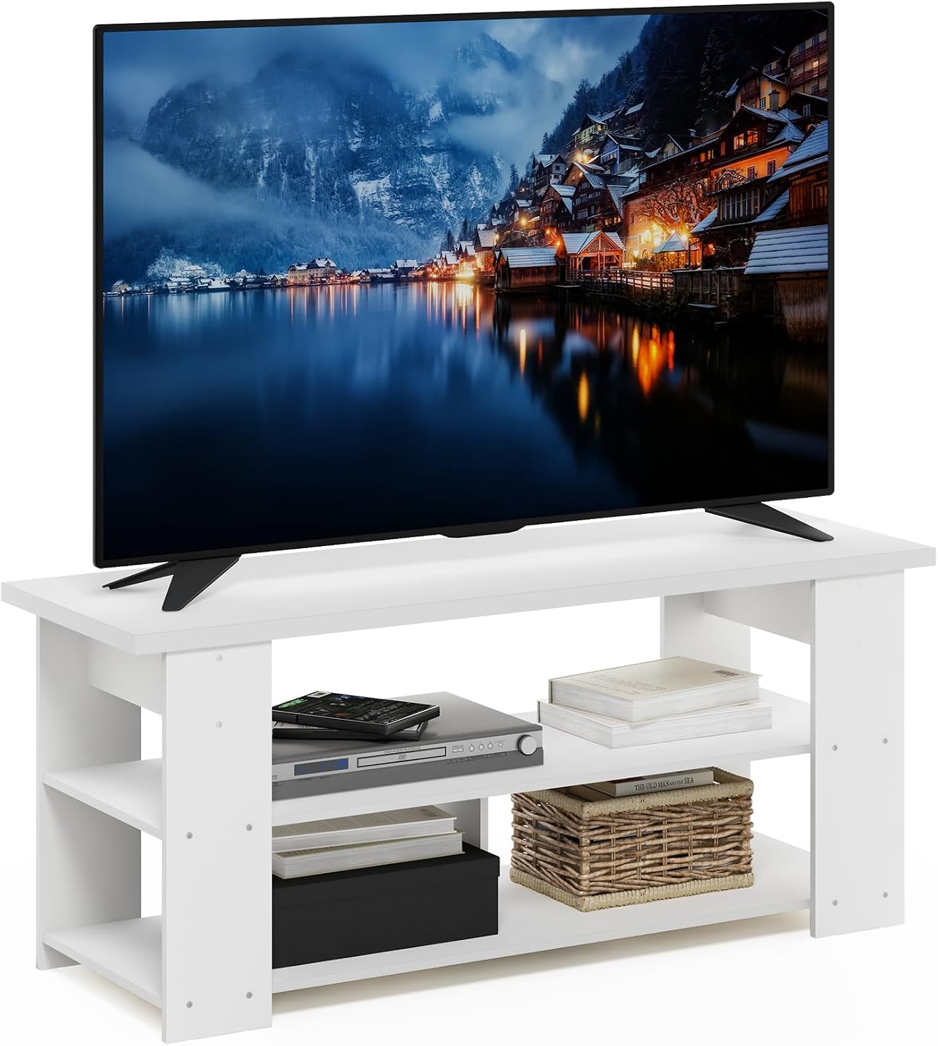 Furinno Nelly TV Stand, 3-Tier Entertainment Center with Open Shelves Storage, TV Console for TV up to 55 Inch, Soft Edges, for Living Room, Bedroom, Black