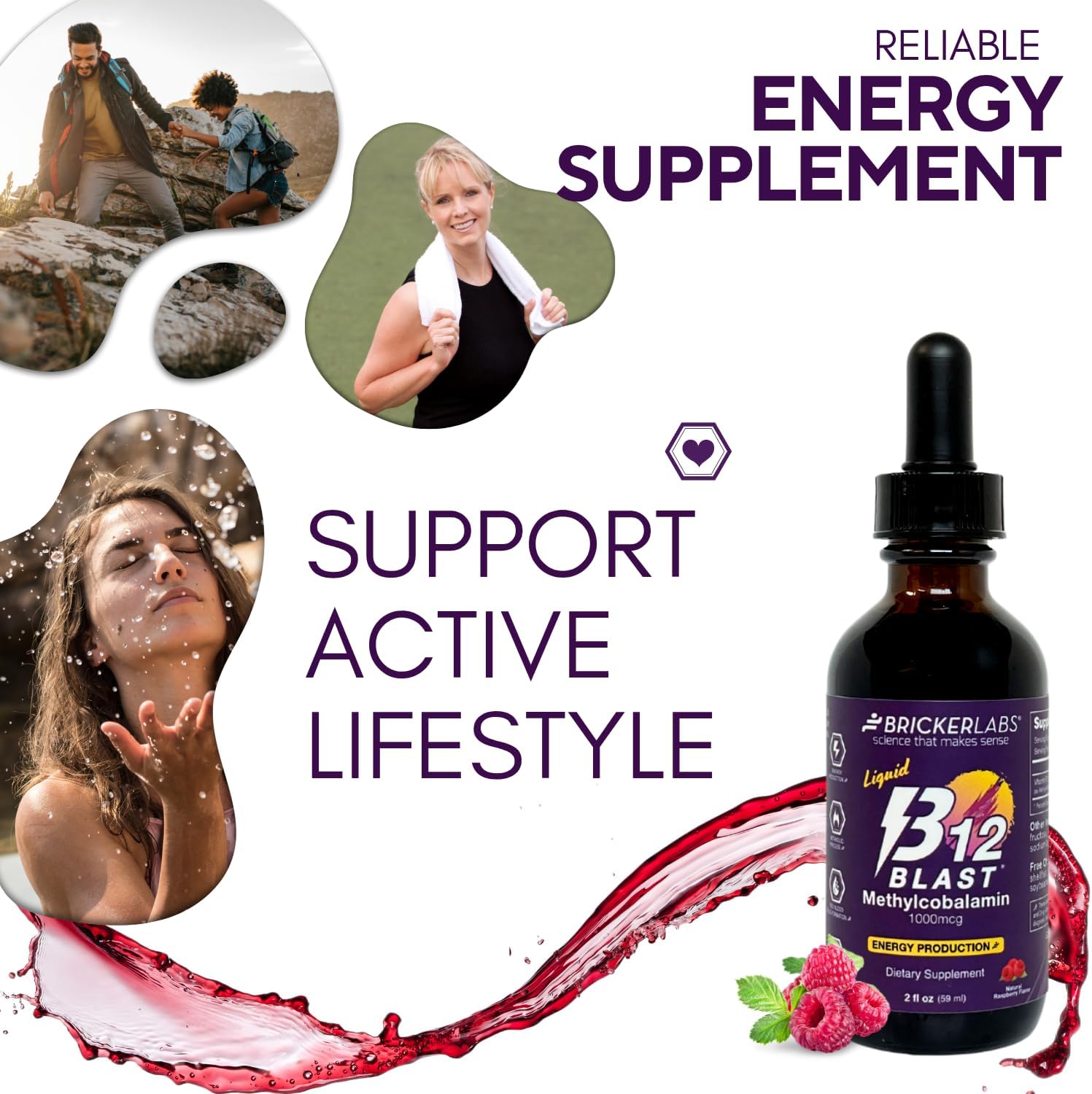 Bricker Labs B12 Blast Methylcobalamin 1000mcg, Great Tasting Sublingual Liquid Energy Vitamins -Vegan B12 Vitamins, Sustained Energy and Cellular Energy Supplement - 59-Day Servings