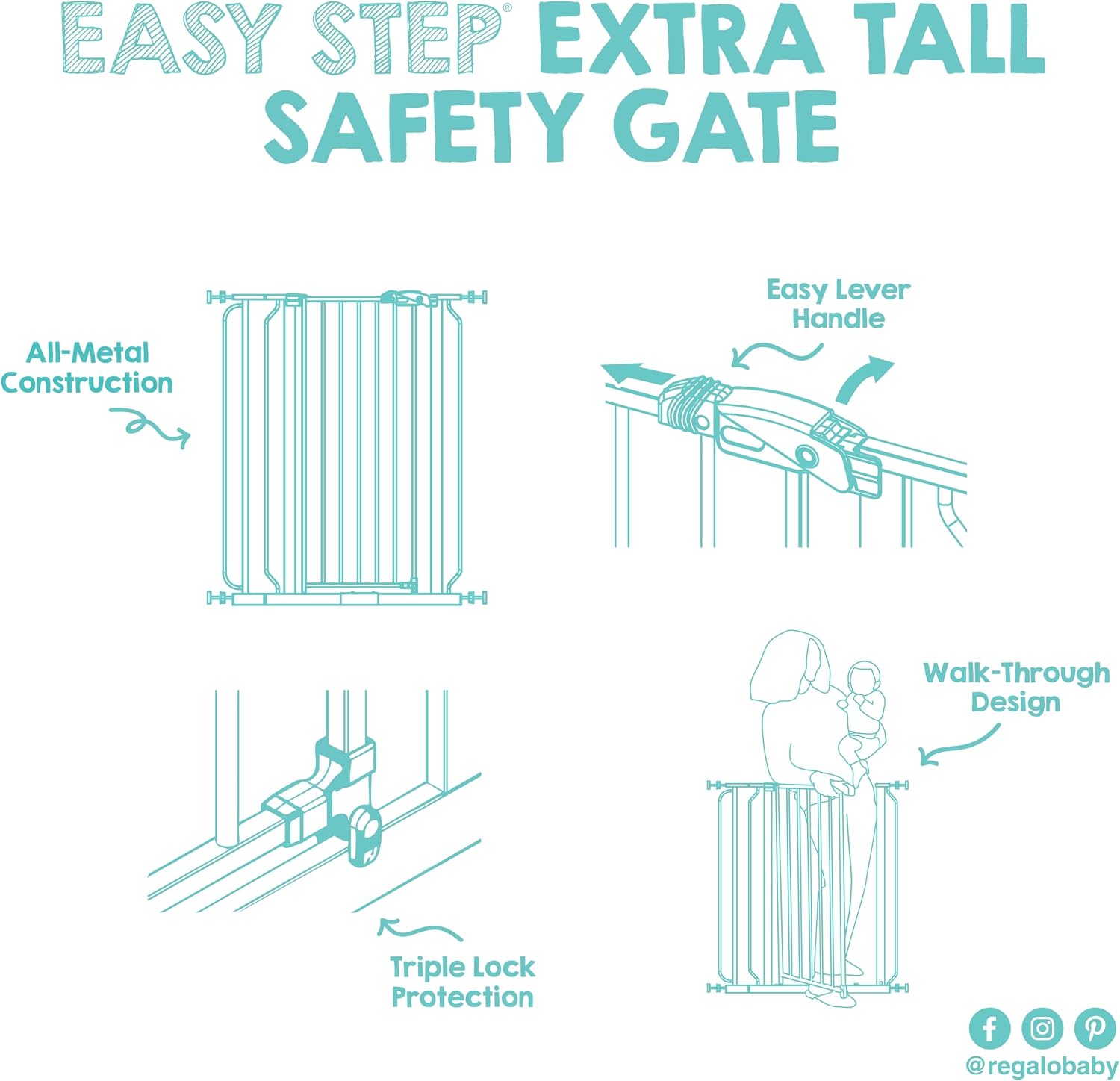 Regalo Safety 29"-49" Extra Wide Baby Gate, Bottom of Stairs & Doorways | Pressure Mounted with Door, For Babies, Toddlers & Pets, White, Tested & Trusted for 30 Years
