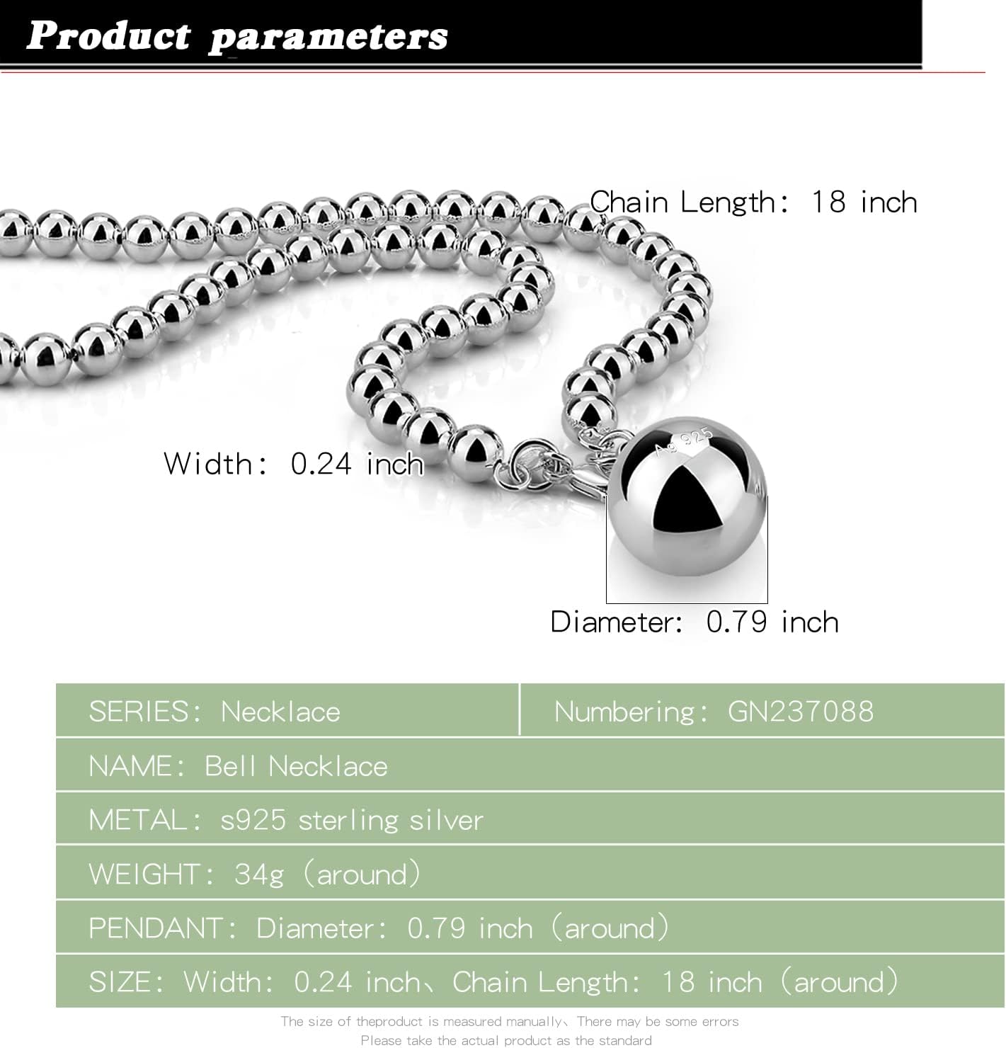 Dankadi Italy Fashion Women 925 Sterling Silver Bead Necklace Bell and Heart Pendant 4MM 6MM Round Prayer Beads Link Chain 18 "20" 22 "24" 26 "28"
