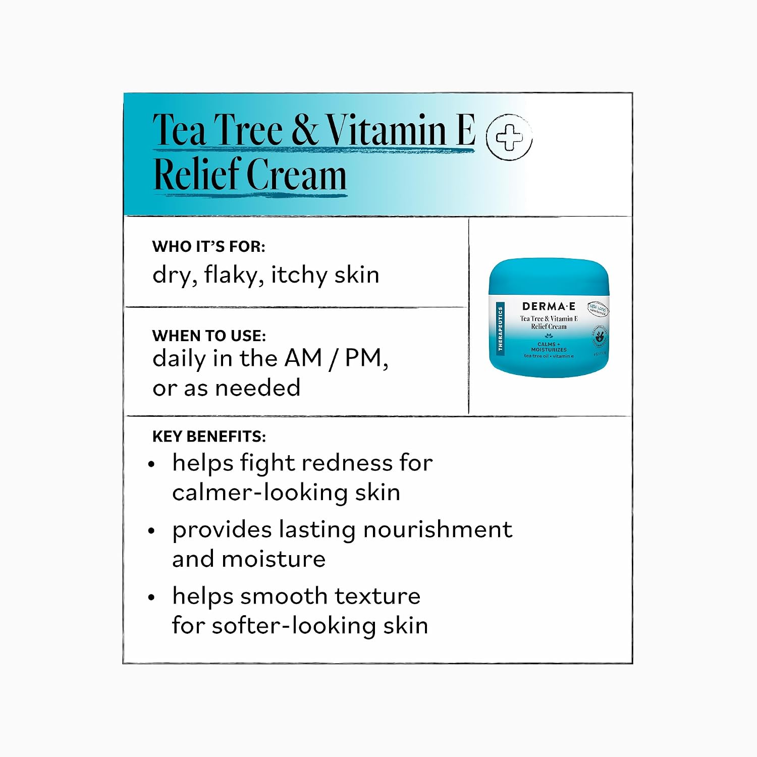 Derma E Tea Tree and Vitamin E Relief Cream – Deeply Moisturizing Tea Tree Lotion – Vitamin E Cream Soothes, Calms and Nourishes Dry, Irritated Skin, 4 oz