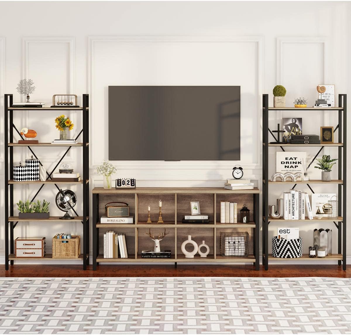 FATORRI 8 Cube Storage Organizer Bookshelf, 62 Inch Wood Horizontal Bookcase, Farmhouse Cube Long Book Shelf