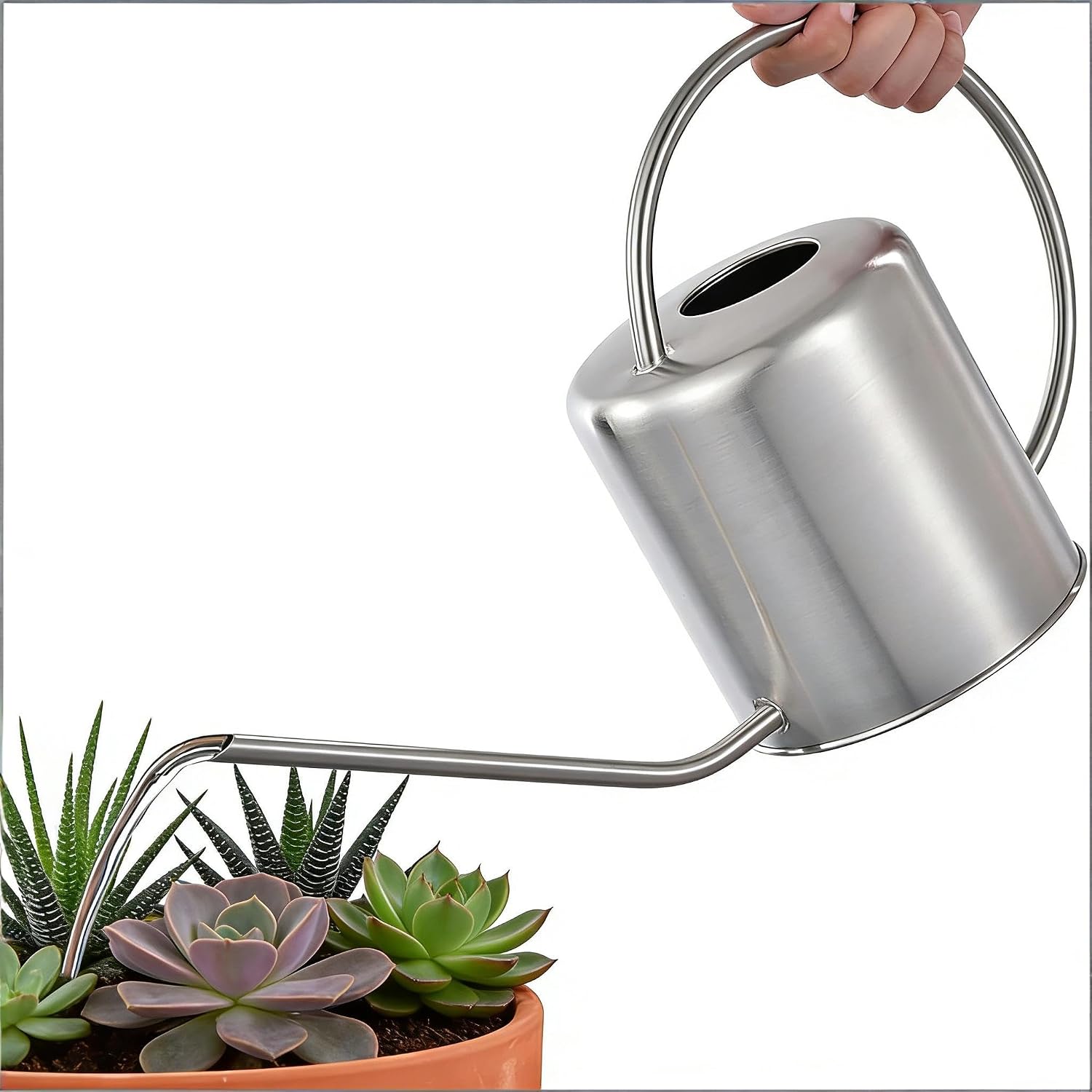 Fasmov 51 Oz Stainless Steel Watering Can Modern Style Watering Pot, Watering Can with Long Spout for Easy Pour, Water Outdoor Garden, Indoor Plant (Silver)