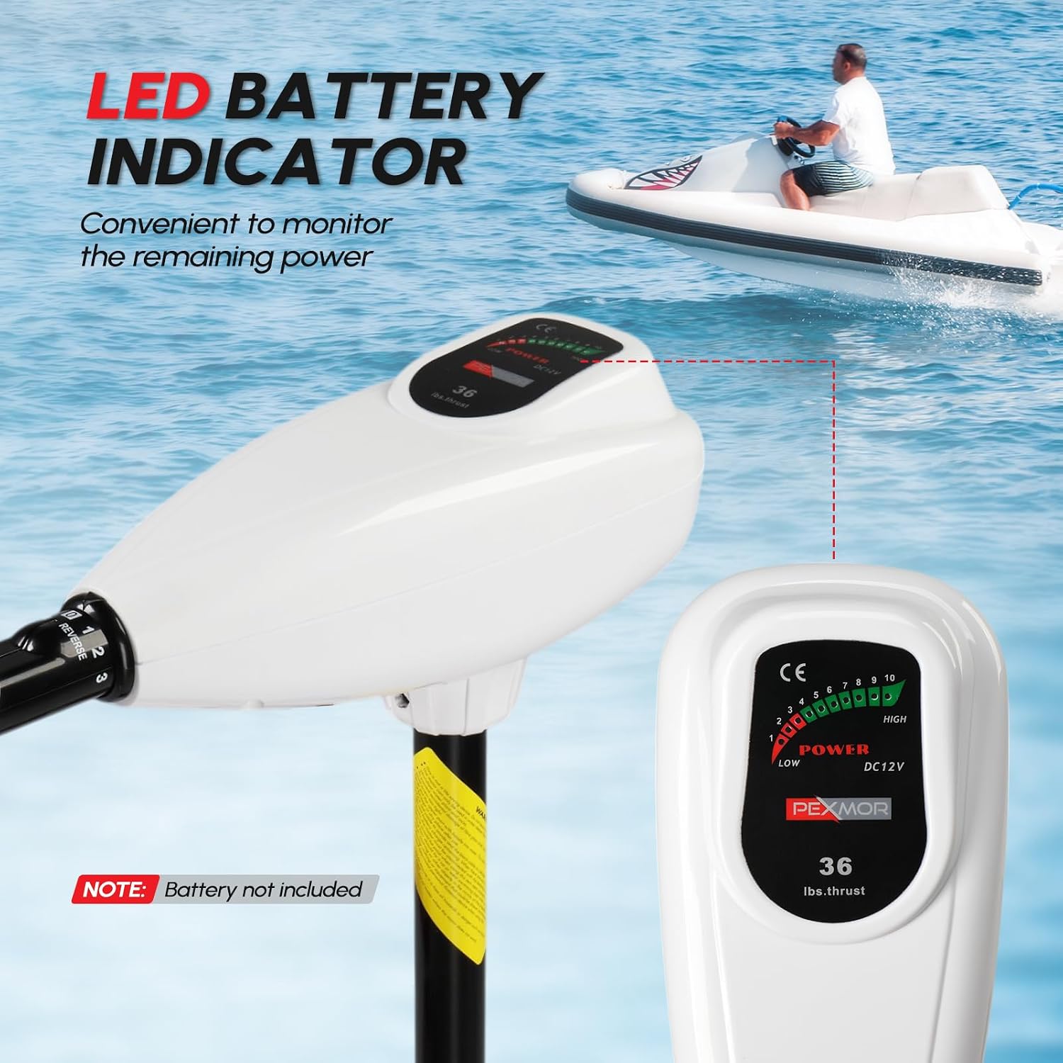 PEXMOR 8 Speed Electric Trolling Motor, Electric Outboard Boat Motor w/Adjustable Handle & LED Indicator, Transom Mounted for Saltwater, Kayak