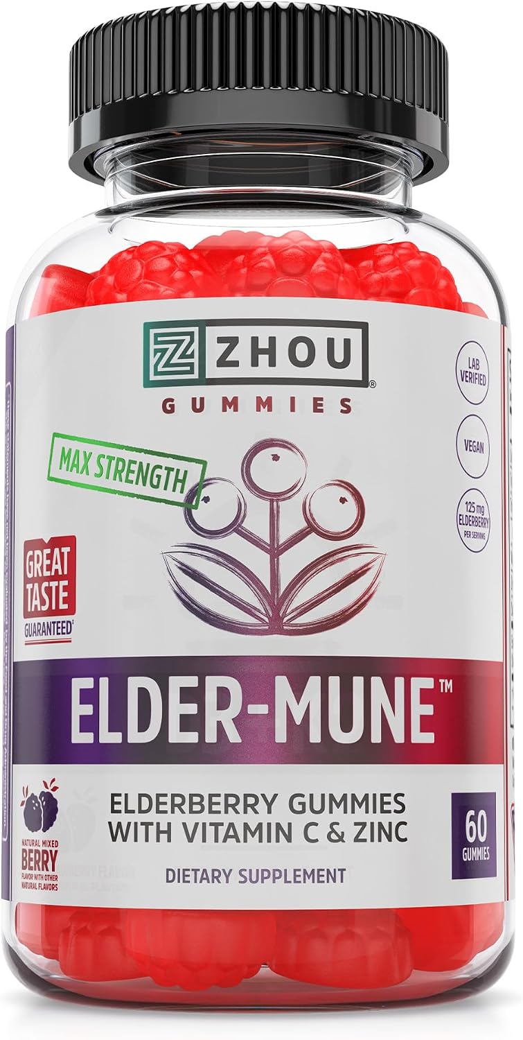 ZHOU Nutrition Elder-Mune Sambucus Elderberry Gummies with Zinc and Vitamin C for Kids & Adults (Age 4+) Immune Support with Antioxidants, Vegan, Gluten Free, Non-GMO, 30 Servings, 60 Gummies | Daily Immune Support Supplement for Women & Men, Chewable Na…