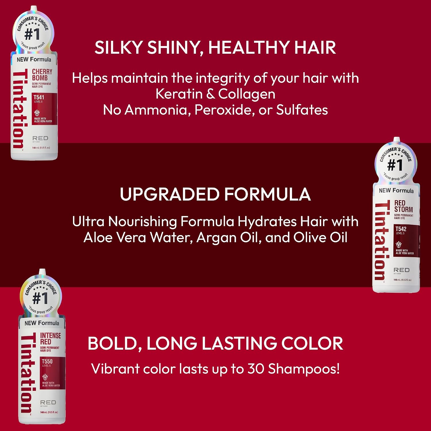 Red by Kiss Tintation Semi-Permanent Hair Color, Aloe Vera Water Based, Argan Oil, Olive Oil, Collagen & Keratin, Long-Lasting Color Dye (Honey Brown, 5 Fl Oz)