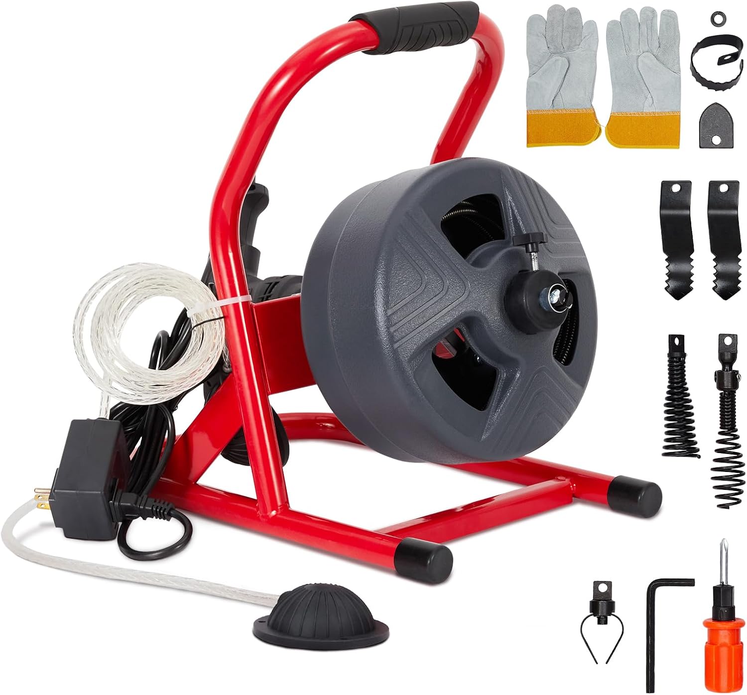 PioneerWorks 50Ft x 5/16 Inch Drain Cleaner Machine, Drain Auger Professional for 3/4 to 3 Inch Pipes, Foot Switch with 6 Cutters, Gloves