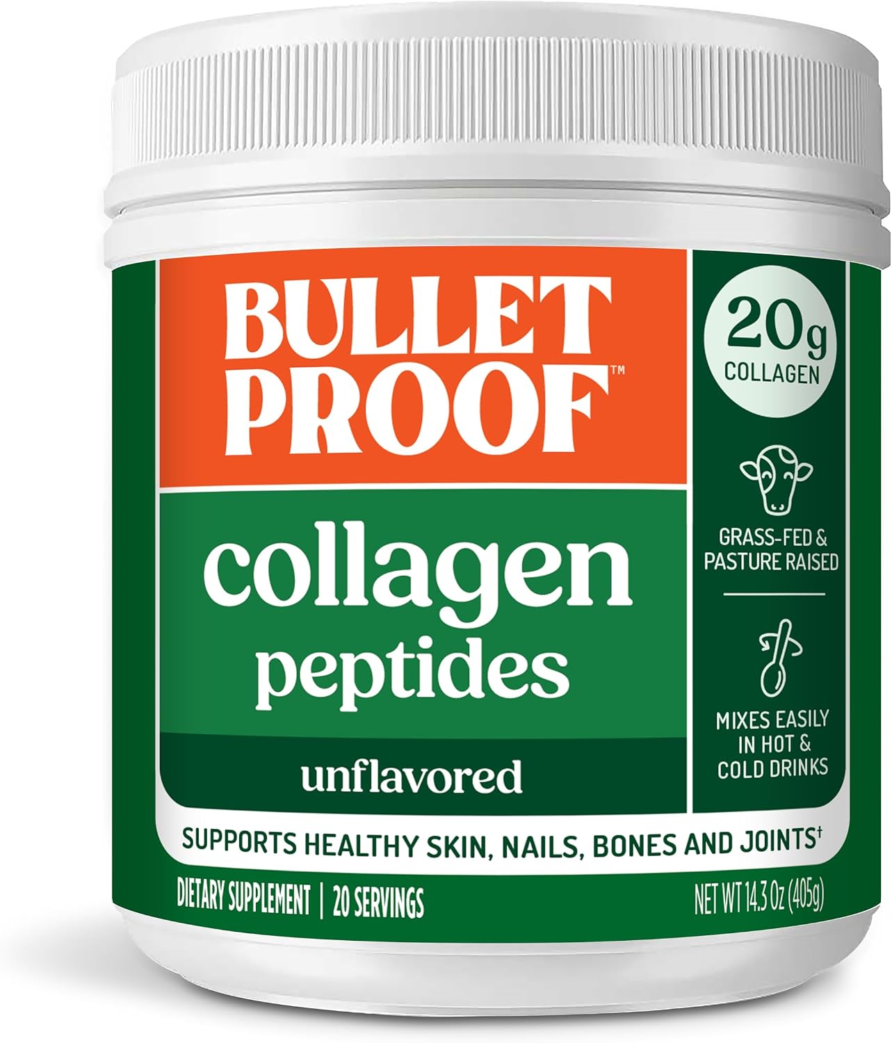 Bulletproof Unflavored Collagen Peptides Protein Powder, 17.6 oz | 20g Grass-Fed Pasture-Raised Collagen Protein and Amino Acids for Skin, Bones and Joints