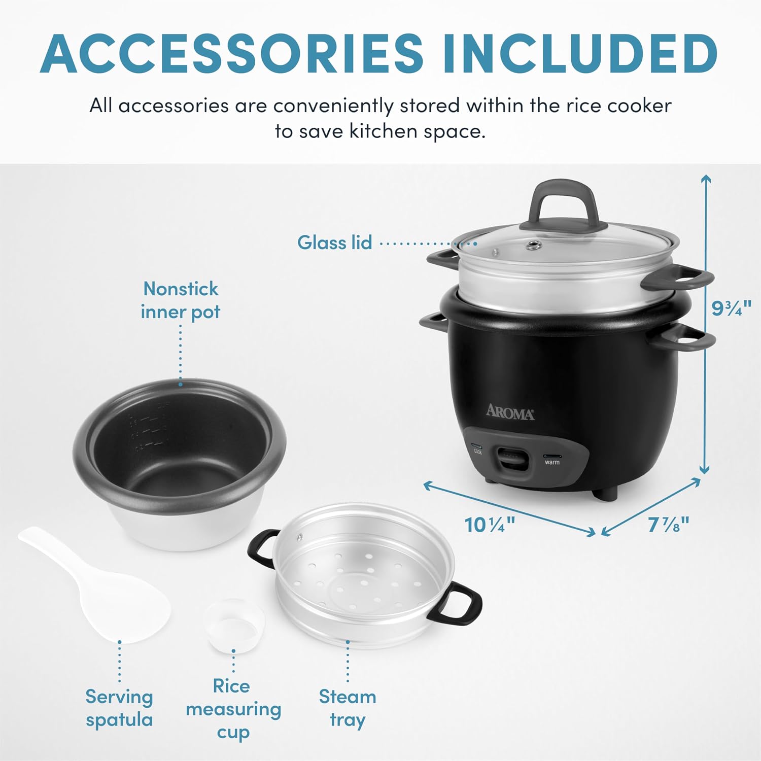 AROMA® Rice Cooker, 3-Cup (Uncooked) / 6-Cup (Cooked), Steamer, Small Rice Cooker, Oatmeal Cooker, Soup Maker, Auto Keep Warm, 1.5 Qt, White, ARC-743-1NG