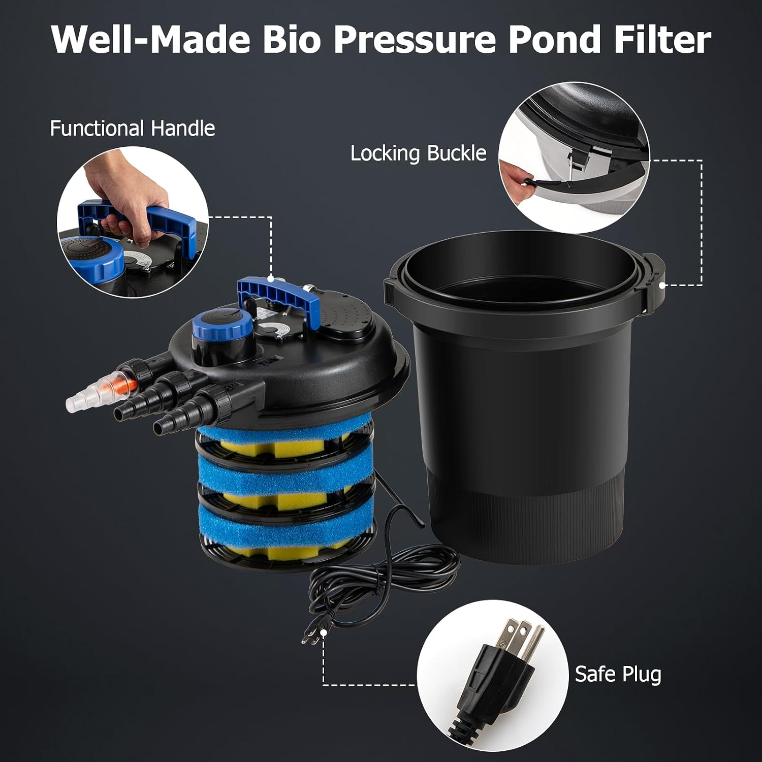 HAPPYGRILL 2642 GPH Pond Filter with 13W UV-C Light & Bio Balls, 4 Adapters