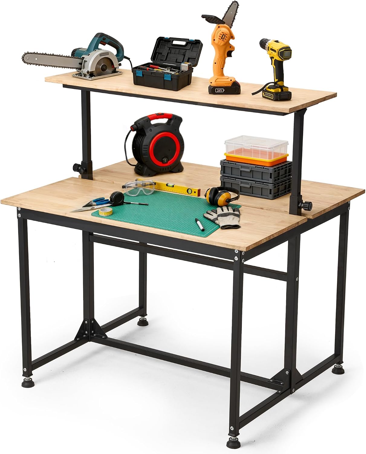 48" Adjustable Rubberwood Workbench with Foldable Extension Board & Power Outlet, Extra Large 48x32In 9-Level Height 27"-37", 2000 LBS Heavy Duty for Workshop Garage Office Home