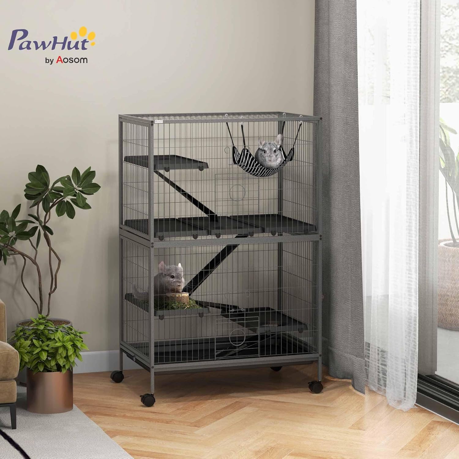 PawHut Metal Small Animal Cage, 4-Tiers Rolling Big Ferret Cage, Gray