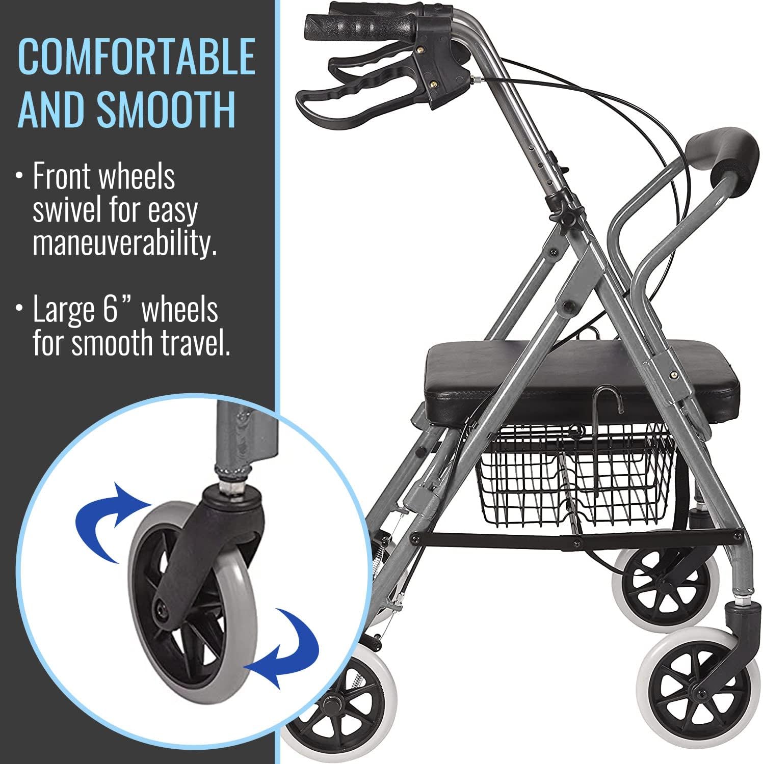 DMI Ultra Lightweight Folding Aluminum Hemi Rollator with Padded Seat, Basket and Adjustable Handle Height, Mobility Walker, Easily Fords