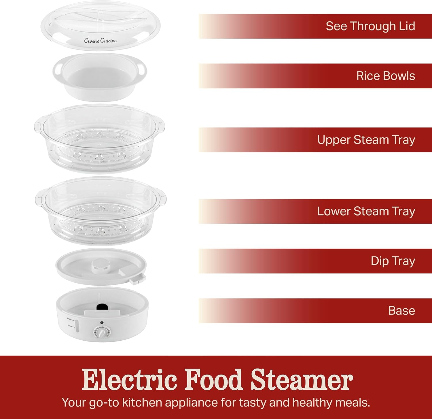 Classic Cuisine 2-Tier Vegetable Steamer and Rice Cooker, 120V 60Hz 800W | 6.3 Quart Electric Steamer for Cooking Healthy Fish, Eggs, Vegetables, Rice