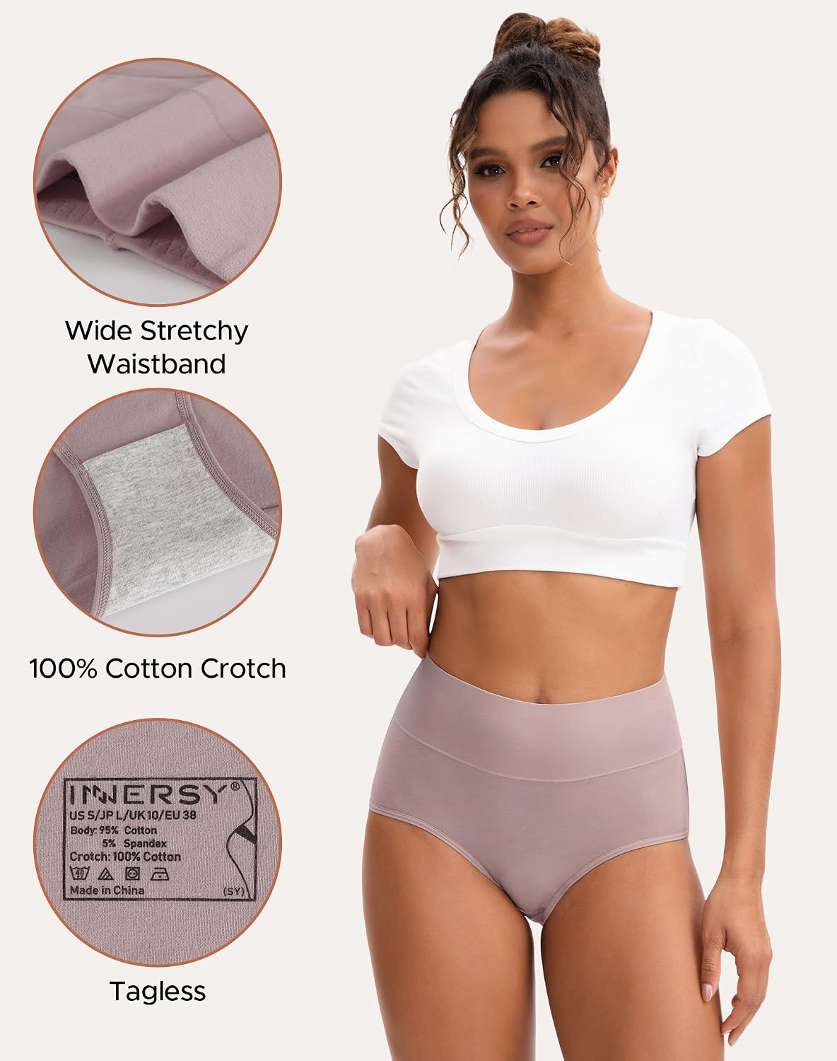 INNERSY Women's High Waisted Underwear Cotton Panties Regular & Plus Size 5-Pack