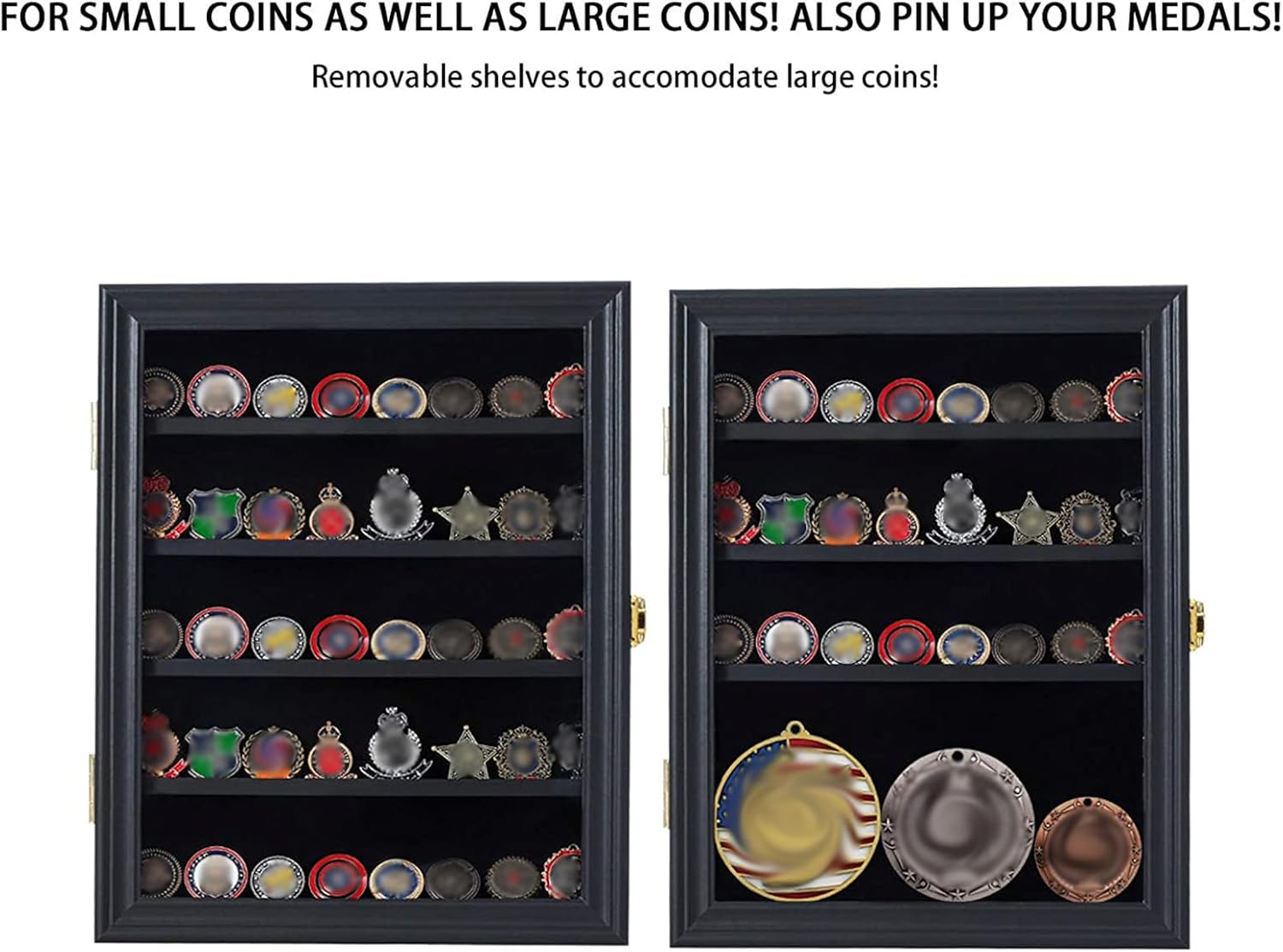 Jinchuan Military Challenge Coin Display Case Lockable Cabinet Rack Holder Shadow Box with Removable 2 Grooves Shelves and Anti Dust Door for Casino