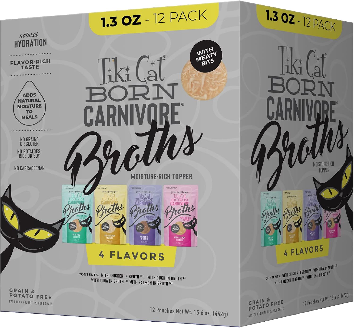 Tiki Cat Born Carnivore Broths Wet Cat Food Toppers, Variety Pack, 1.3 oz. Pouch (12 Count) | Broth with Real Animal Protein for Hydration